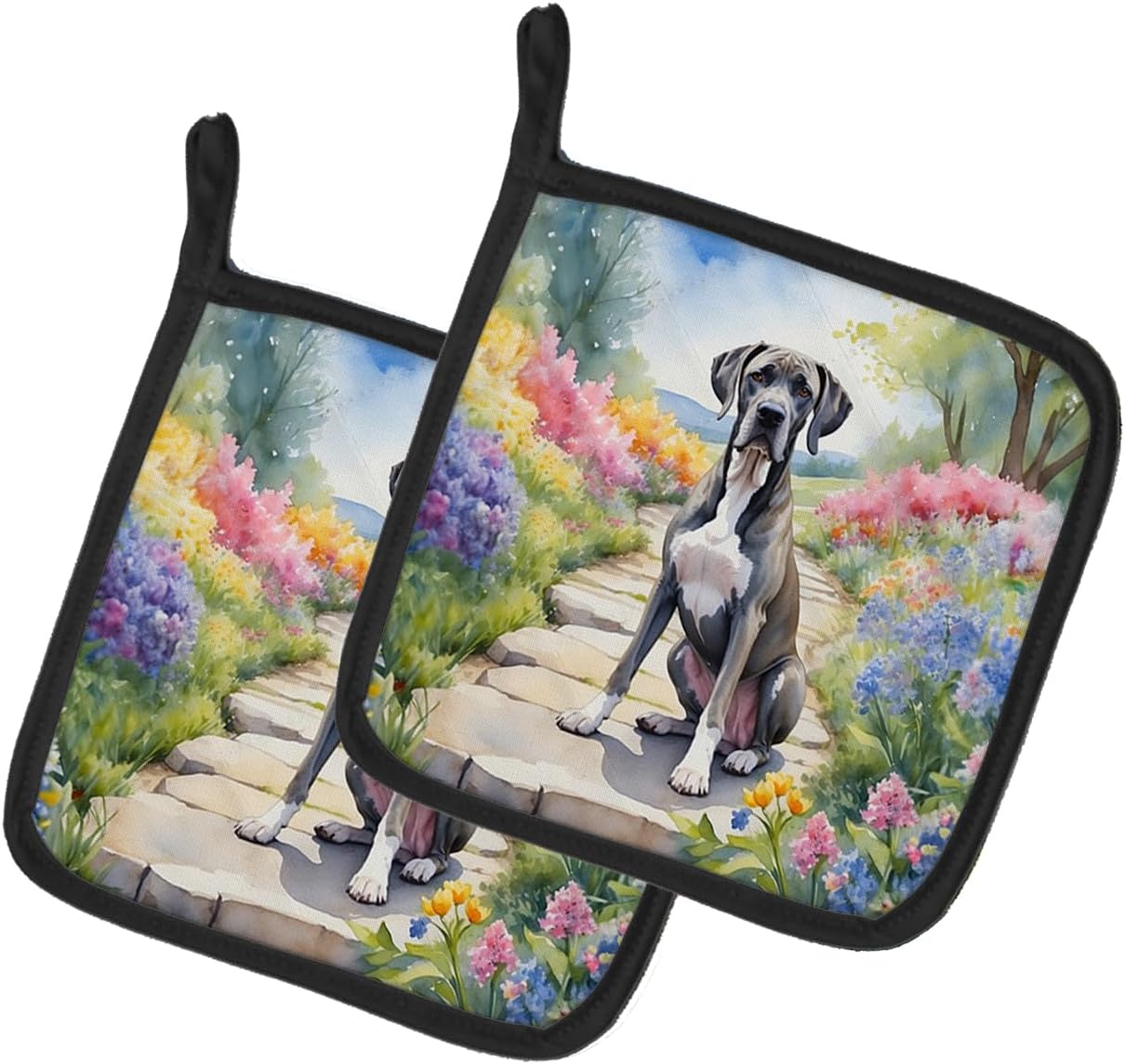 Caroline's Treasures Great Dane Spring Path Pair of Pot Holders Kitchen Heat Resistant Pot Holders Sets Oven Hot Pads for Cooking Baking BBQ, 7 1/2 x 7 1/2