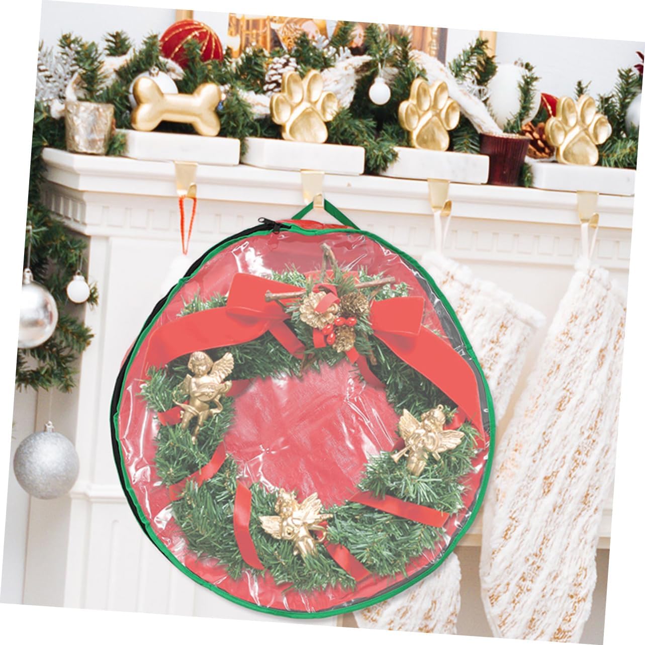 CHILDWEET 4pcs Capacity Xmas Wreath Storage Bag Window Heavy Duty Garland Organizer for Christmas Decorations and Design Red