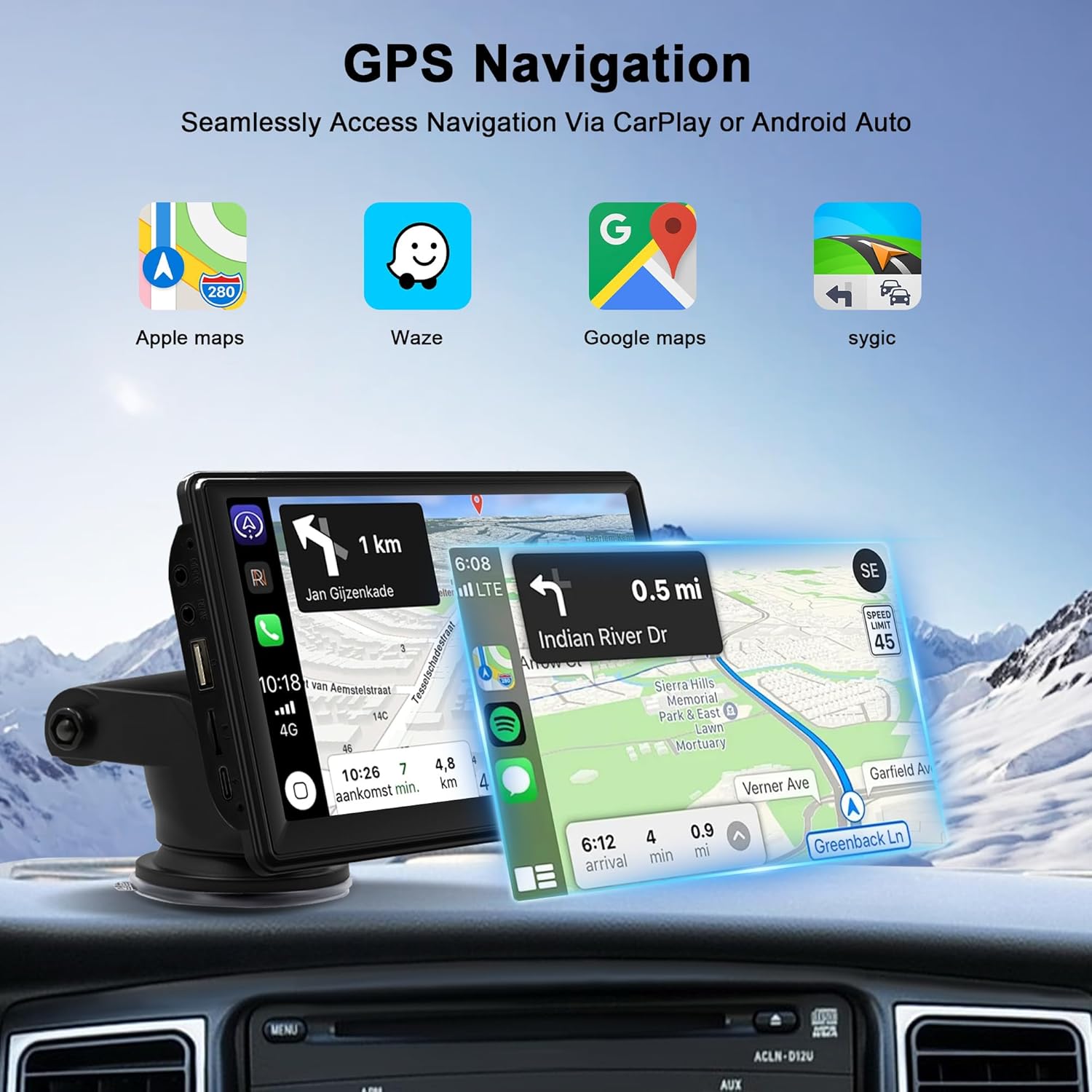 7" Portable Wireless Touch Screen Support Wireless Carplay Android Auto, with Mirror Link/Voice Control/Bluetooth/FM/GPS Navigation/AUX