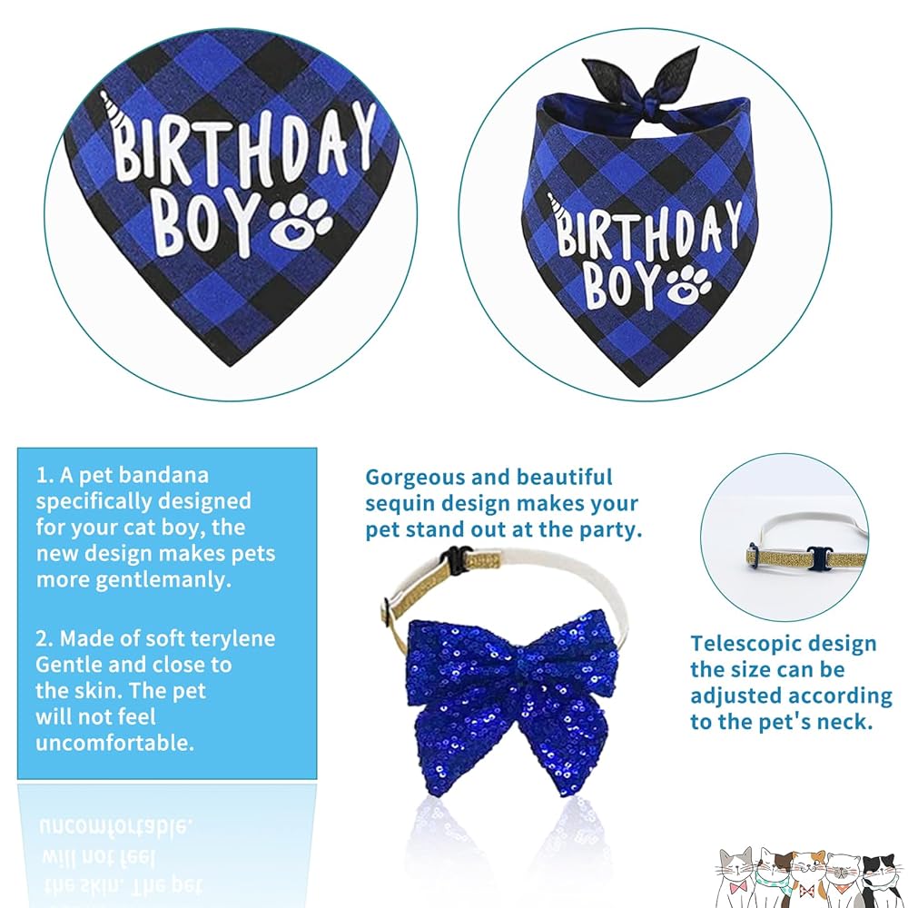 Cat Kitten Birthday Bandanas Cat Birthdays Party Supplies Party Hat Boy with Cat Birthdays Banner Balloons Meow Letter Foil Balloons for Boy Cats Kitten Decorations view 5