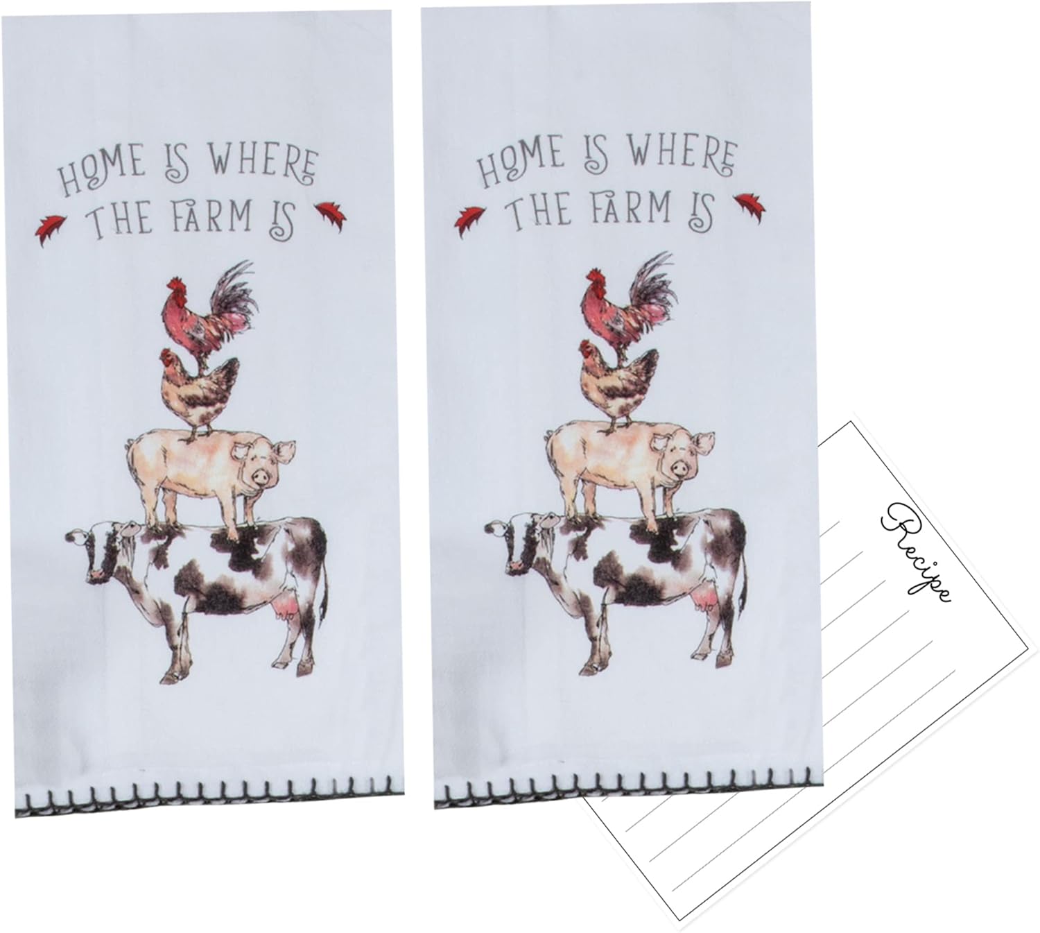 2 Farmhouse Kitchen Towels Cow Pig Rooster Stacked Farm