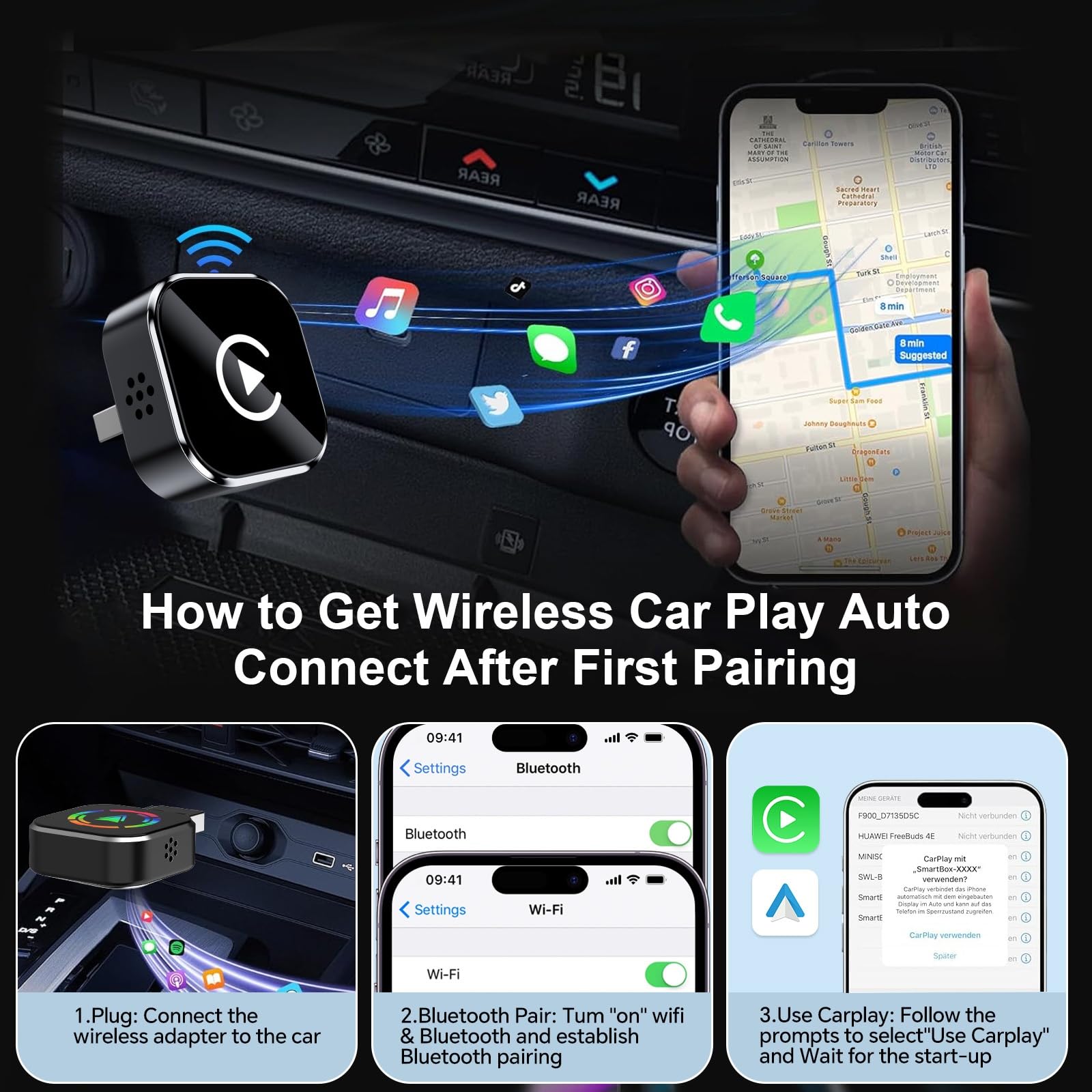 Podofo Wireless Apple CarPlay Android Auto Adapter 2-in-1