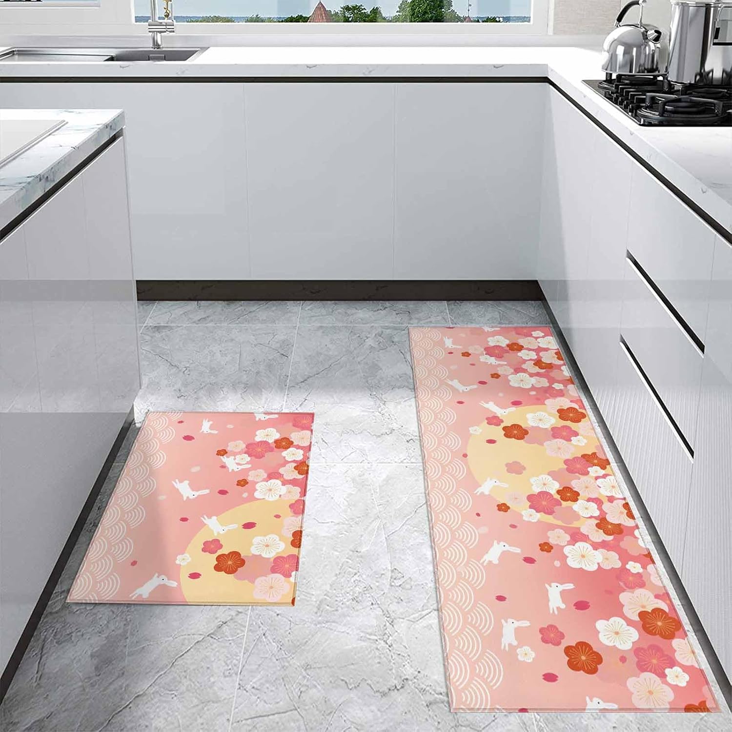 Kitchen Mats for Floor Japanese Style Rabbit Washable Non Slip Kitchen Rugs 2PCS, Wave Pattern Cherry Blossom Absorbent Standing Mats for Sink Bathroom Office Living Room 15.7x23.6in+15.7x47.2in