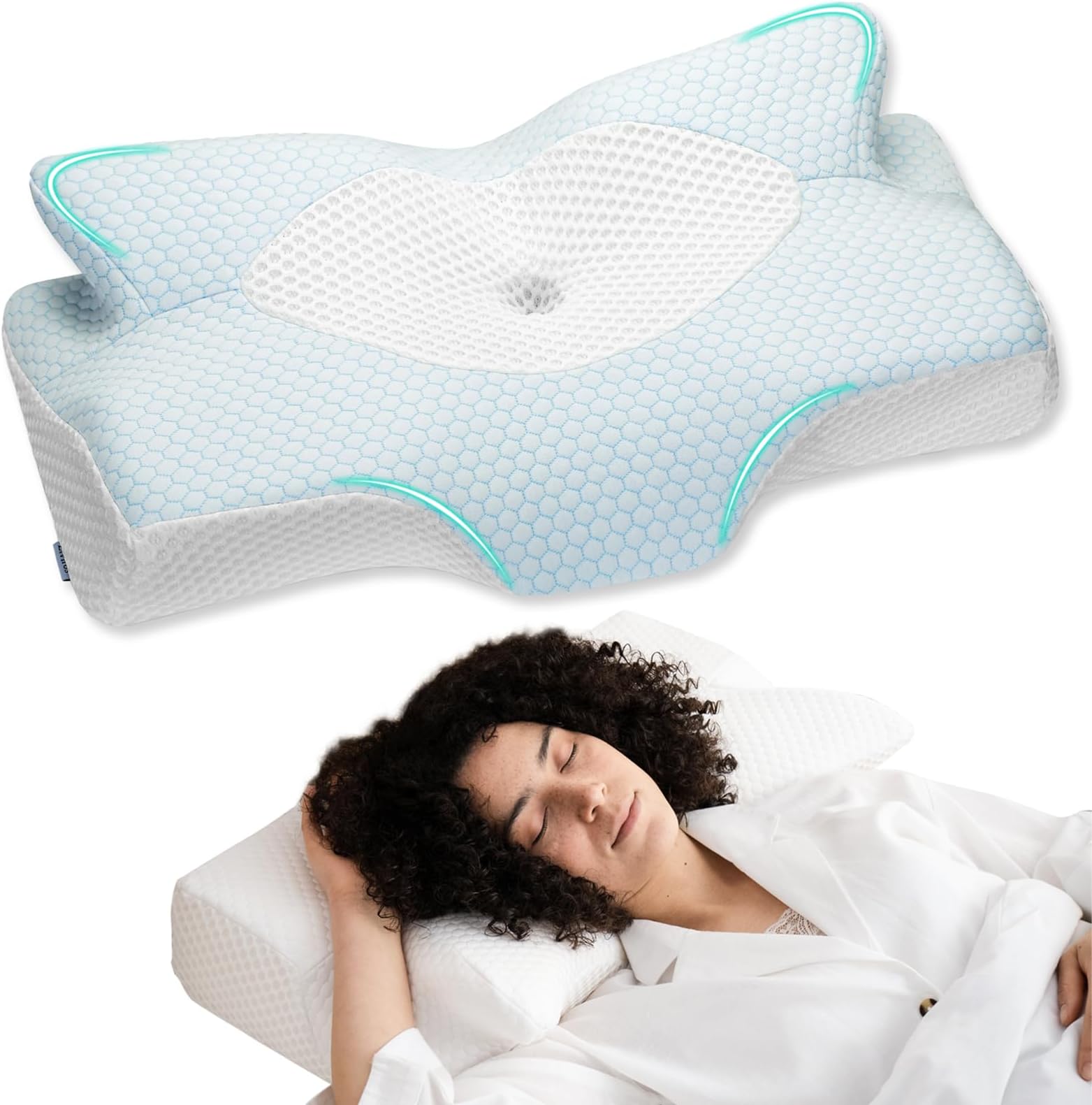 Elviros Cervical Memory Foam Pillow for Neck Pain Orthopedic Neck Pillow for Shoulder Pain Ergonomic Head Neck Support Pillow for Side/Back/Stomach Sleepers with Removable Cover (BLUE)