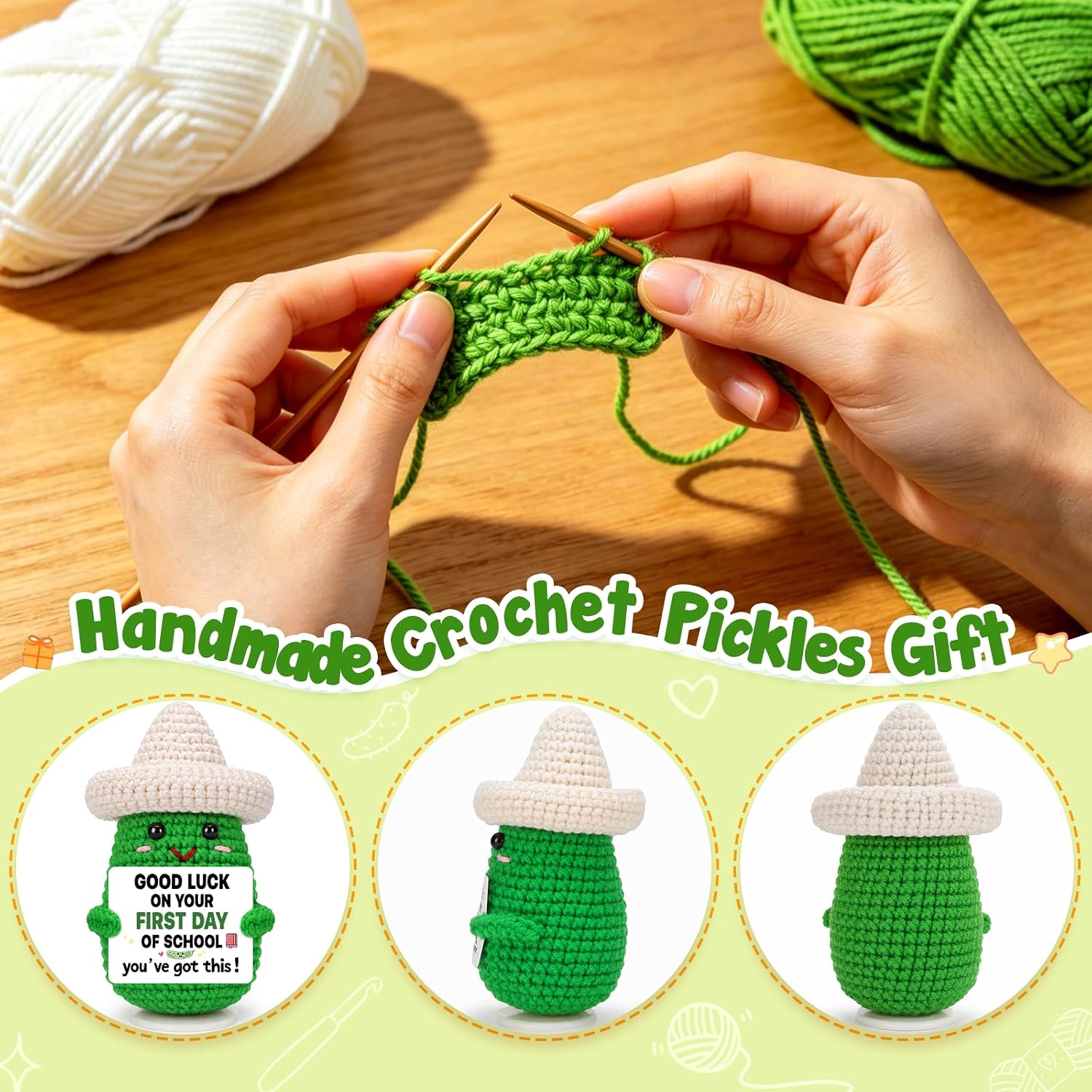 First Day of School Gifts for Students Teachers, Positive Crochet Pickle Decor, New School Year New Beginning Encouragement Good Luck Gift for Friends, Daughter, Son, Collegues