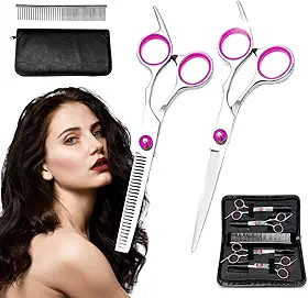 Kit Barbeiro Aço Inox, Profissional Cabeleireiro Tesouras Navalha Barbearia, Kit Tesoura Multifuncional, Conjunto de 7 Peças (Rosa)
