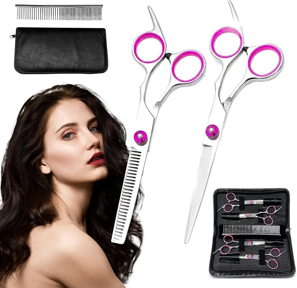 Kit Barbeiro Aço Inox, Profissional Cabeleireiro Tesouras Navalha Barbearia, Kit Tesoura Multifuncional, Conjunto de 7 Peças (Rosa)