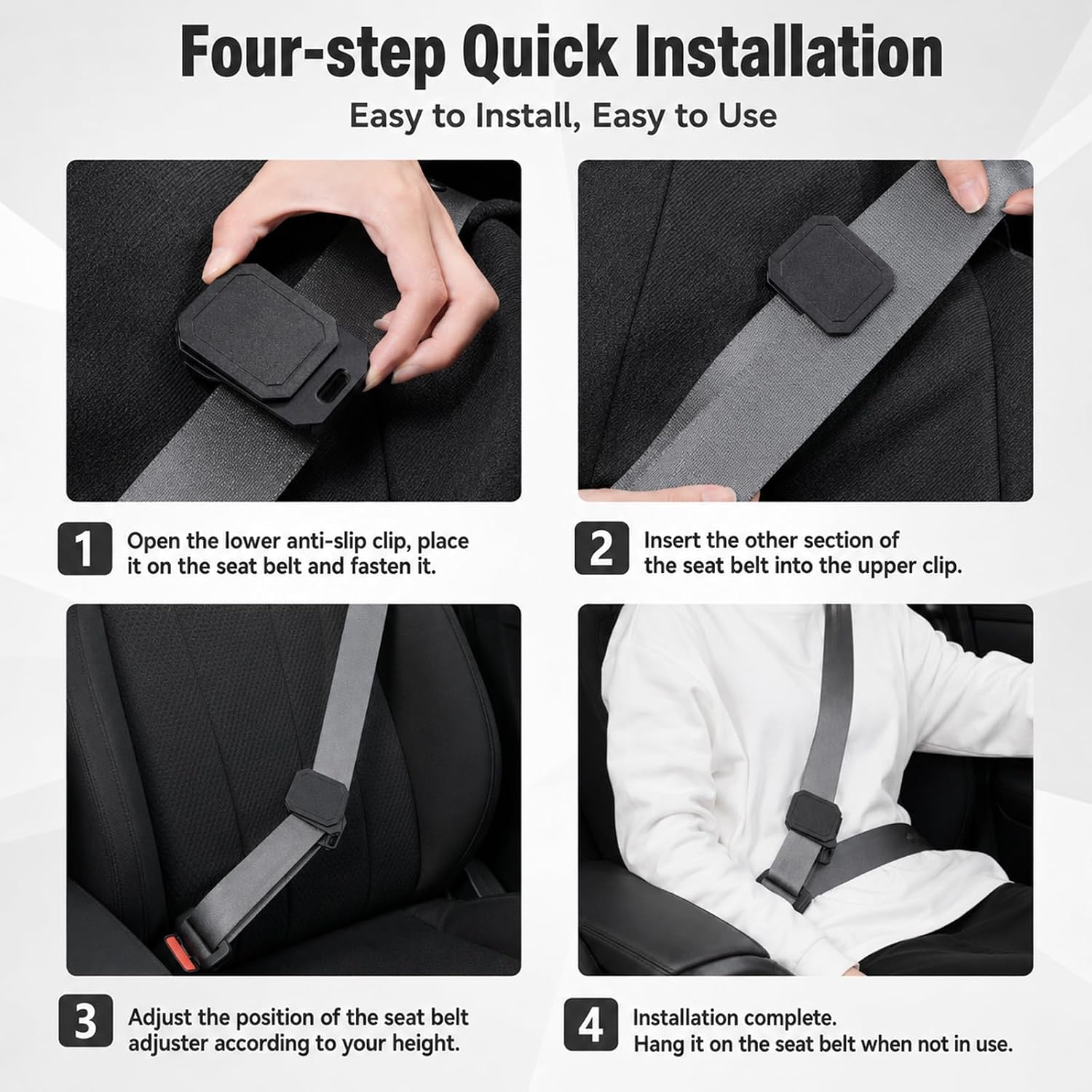 4-Pack Comfort Strap Clip for Shoulder and Chest, Black Soft-Touch Pad for Daily Commuting and Long Road Trips, Universal Fit for Most Vehicles