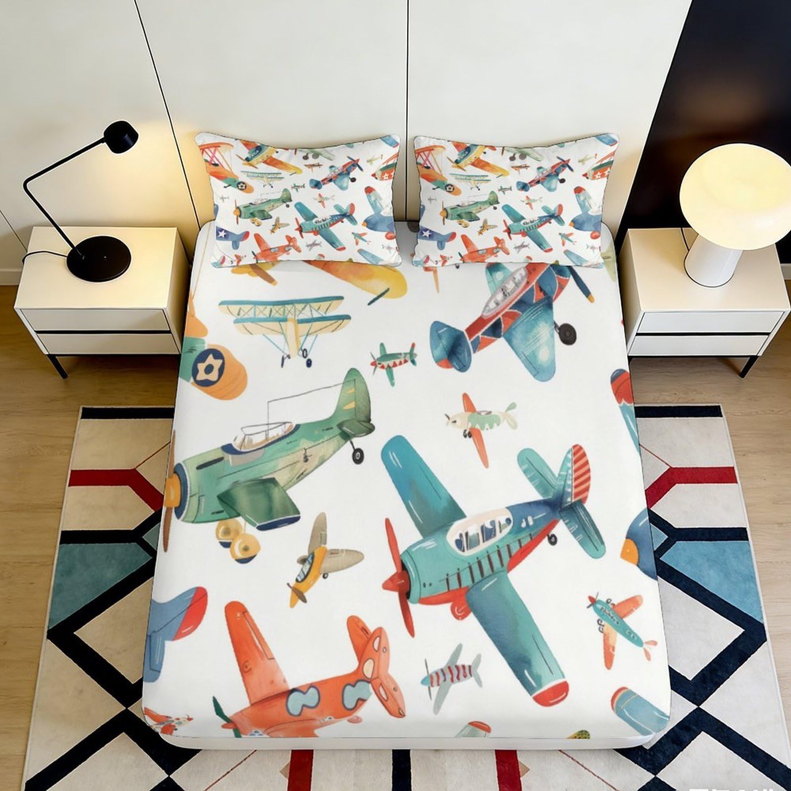 3D Printed Vintage Airplane Fitted Sheet Microfiber Soft Breathable Retro Aircraft Bed Cover for Bedroom Dormitory Guest Room Mattress Protection Decor 120x200x25cm