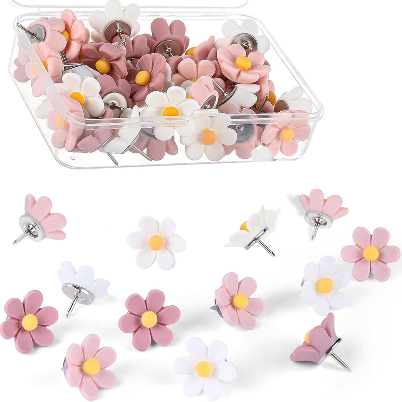 50 Pcs drawing pins with Storage Box，push pins for Notice Board ，pins for pinboard, thumb tacks for Drawing, Photo Wall, Bulletin Board in Home School Office-White, Pink, Dark Pink