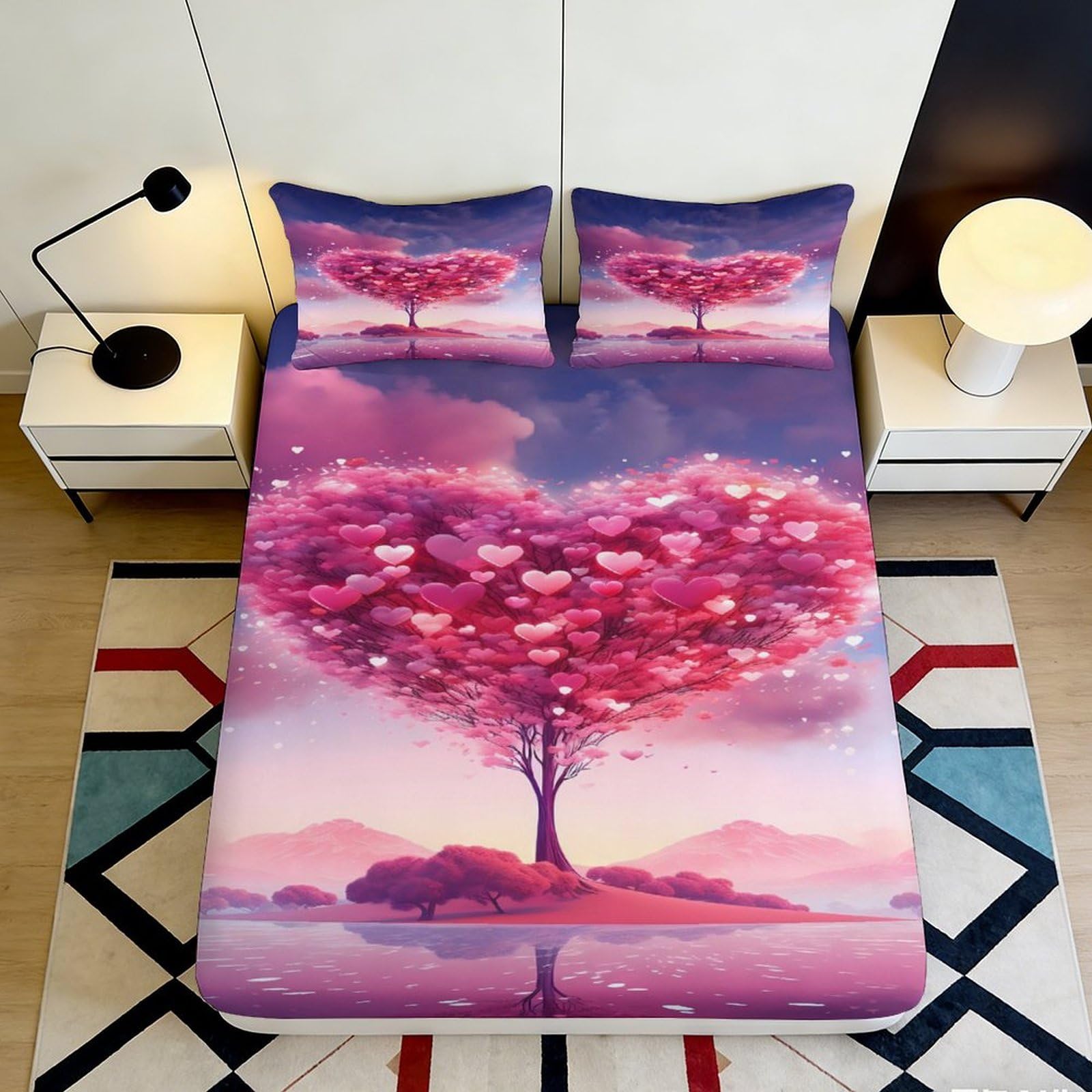 Pnayamiorkfel Style-6 3D Printed Heart Tree Fitted Sheet Microfiber Pink Artistic Bed Sheet Non-Slip Machine Washable For Bedroom Decor 90X200x25cm