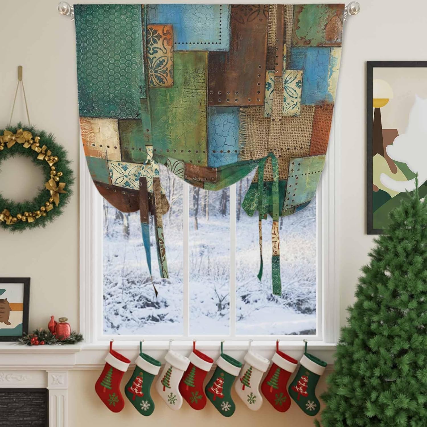 Color Block Boho Tie Up Curtains for Windows 63 Inch Length Balloon Curtains Kitchen Adjustable Balloon Window Shade Geometric Vintage Botanical Tie Up Valance Bathroom Curtain Window 52"x63"