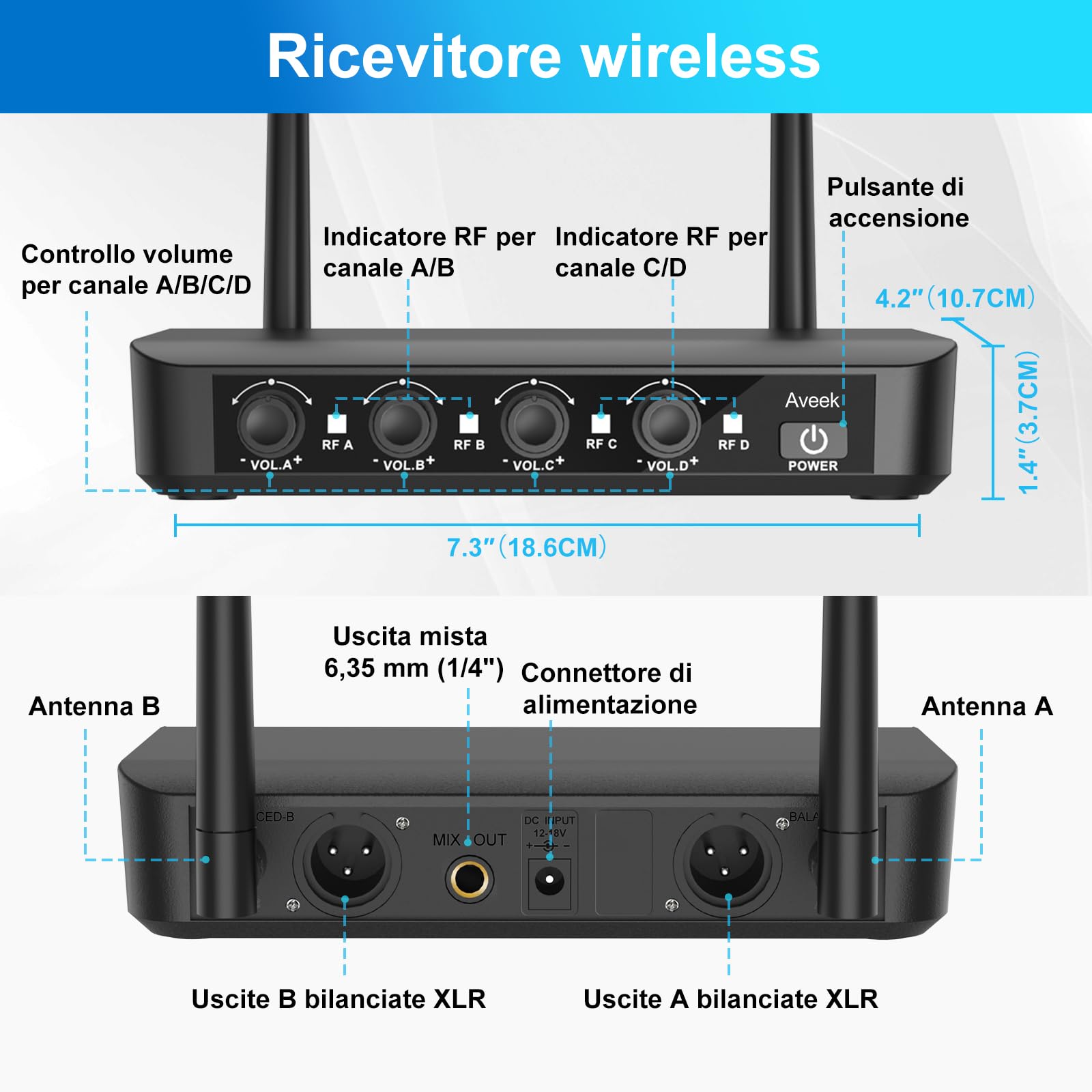 Sistema di microfoni wireless Aveek con 4 microfoni dinamici portatili, portata lunga di 80 m, batteria da 40 ore, suono da studio a bassa latenza per karaoke, canto, discorsi, chiesa, palcoscenico