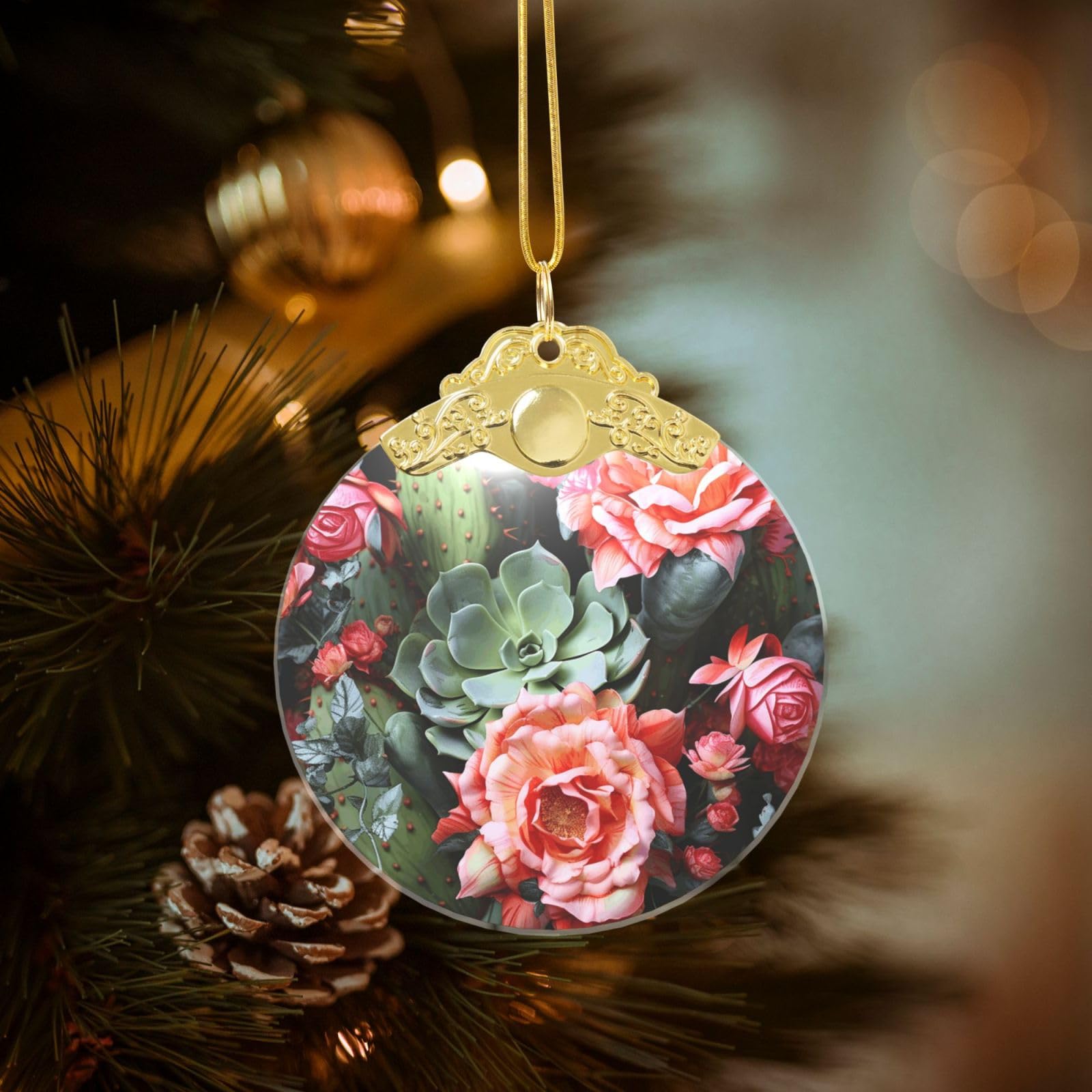 Crystal Christmas Ornaments for Christmas Tree Decoration Hanging Roses Flowers and Cactus Ornament with Gold Ribbon Crafts Round Pendant for Keepsake Gifts Glass Xmas Decor Party Supplies