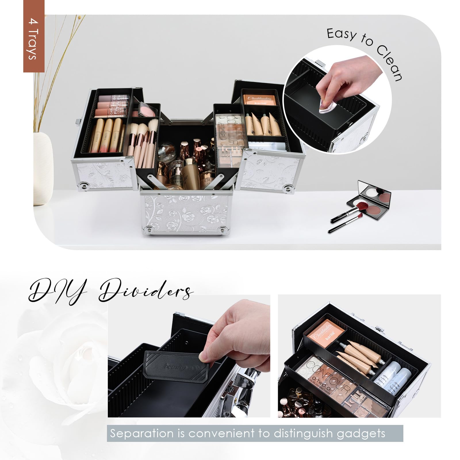 Valigetta Trucchi Valigetta Per Cosmetici Valigia Trucchi y 4 Vassoi Makeup Case Valigetta Unghie Beauty Case Cofanetto Organizzatore Trucco da Viaggio Professionale, Rosa d'argento