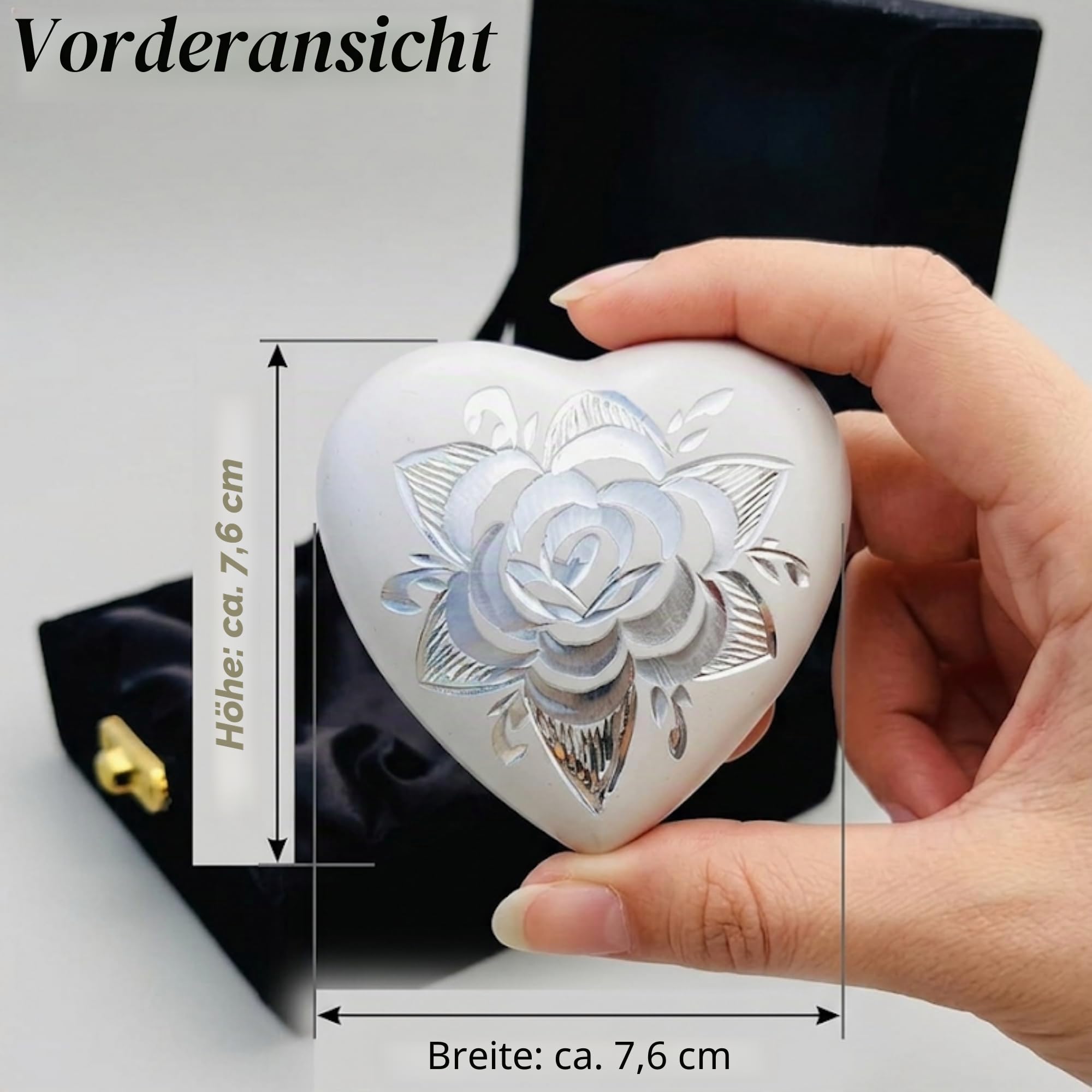 Mini-Urne mit weißen Rosen, Herzform, Urne für menschliche Asche, Erwachsene und Beerdigung für Erwachsene und Säuglinge, mit hochwertiger Samt-Box und Messingständer
