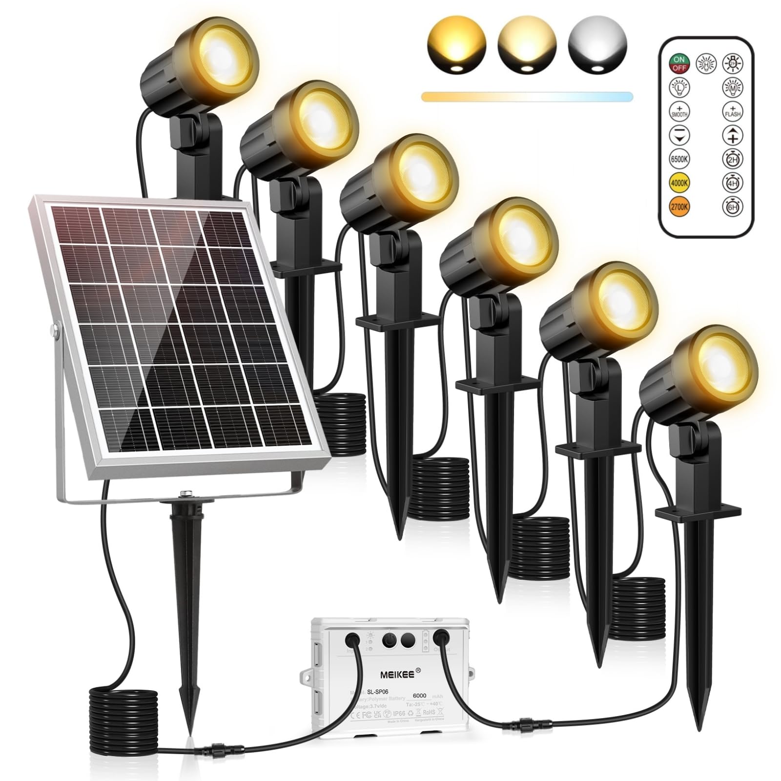 MEIKEE Faretti Solari Esterno, 6 in 1 Faretto Solare LED da Esterno Impermeabili IP66, 6W 6000mAh Luci Solari con Telecomando 2500K-6500K Dimmerabile 3 Luminosità 3 Modalità per Patio Prato Giardino
