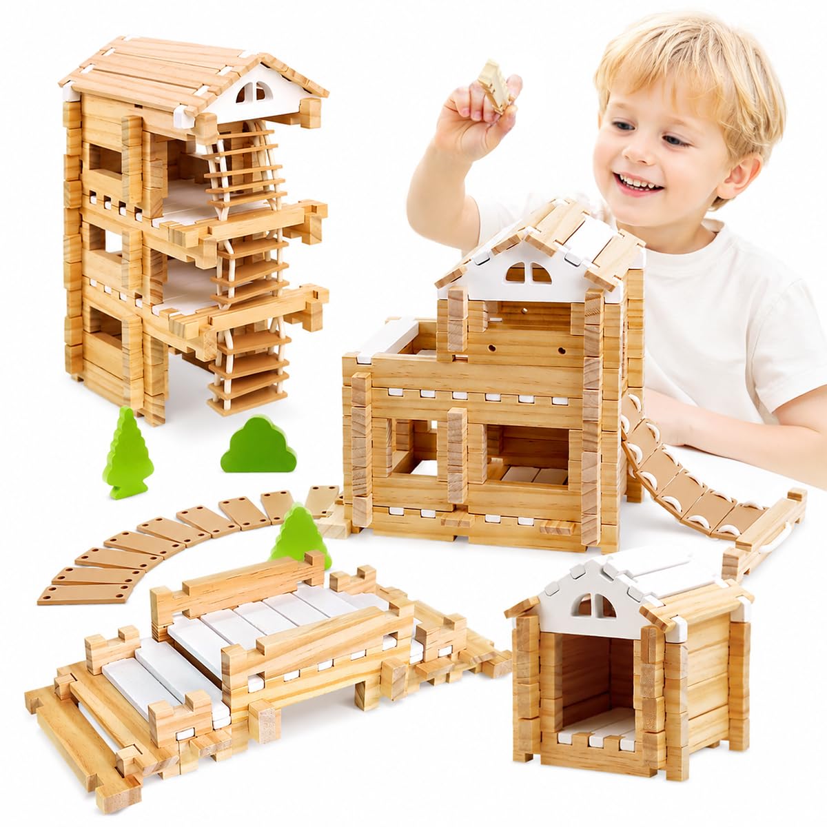 Jovi-Mindly & Notchies - Juego de 96 bloques de construcción de madera para niños a partir de 4 años, construcción creativa, cabaña imaginativa con bolsa de almacenamiento, juguete educativo STEM para