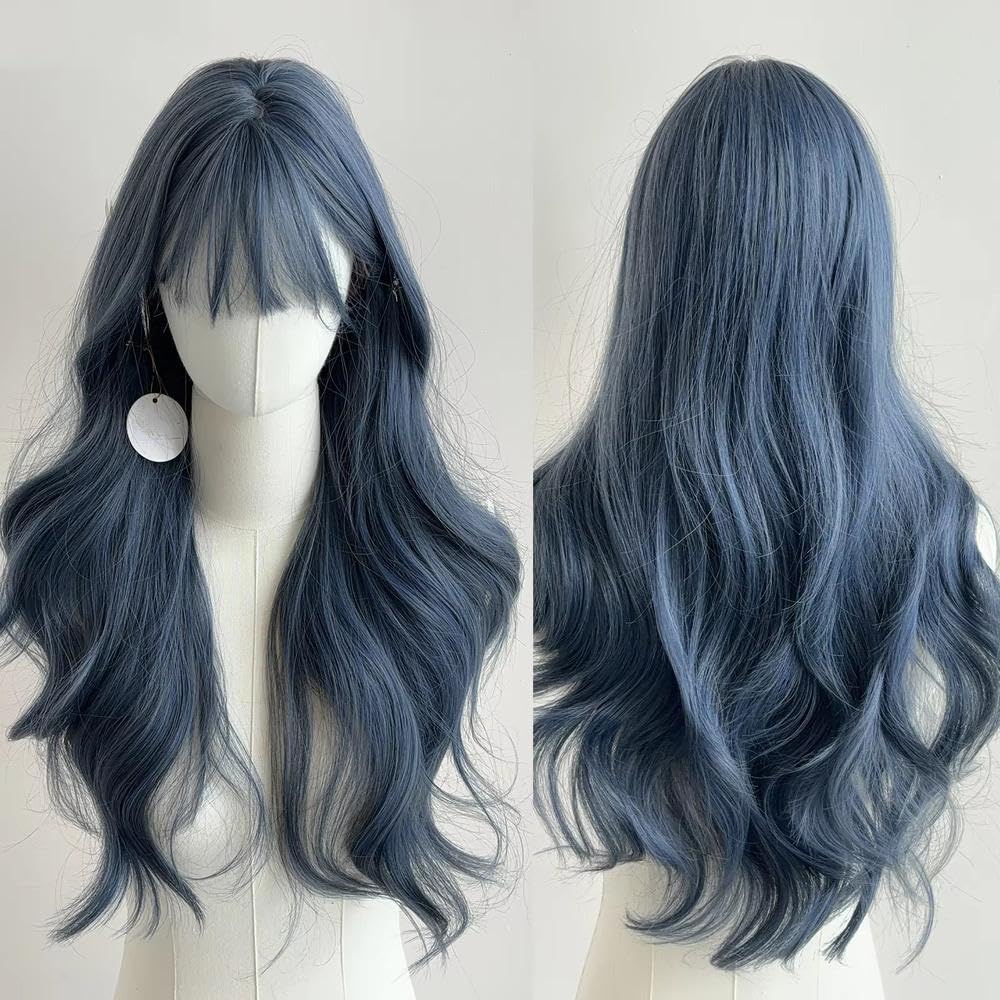 Haarpflege 24 Zoll Blaue Lockige Wellenperücke Hitzebeständige Haarpartyperücken Für Frauen