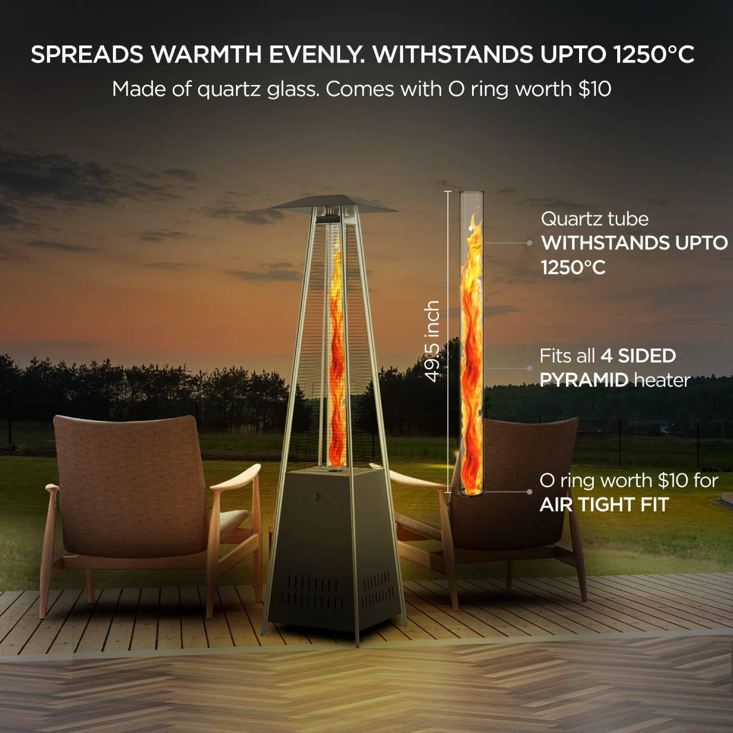 Glass Tube Fiammetta Matt Black Outdoor Gas Pyramid Heater Gas