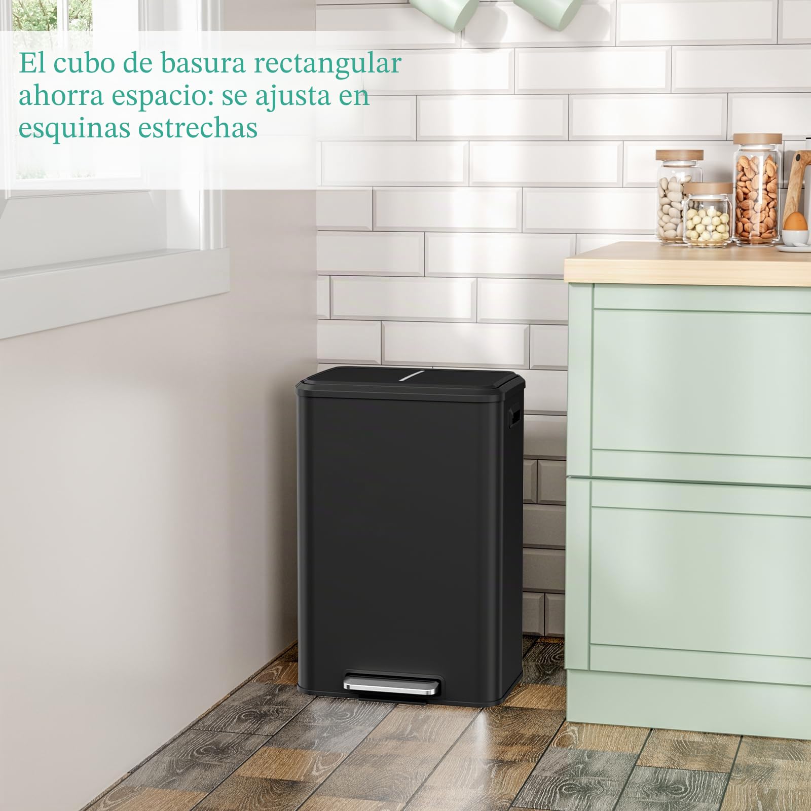 LIFERUN Cubo de basura para cocina 40l, cubo de basura con cubo interior, con tapa de cierre suave, cubo de basura con pedal, de acero, pedal para oficina, familia grande, negro