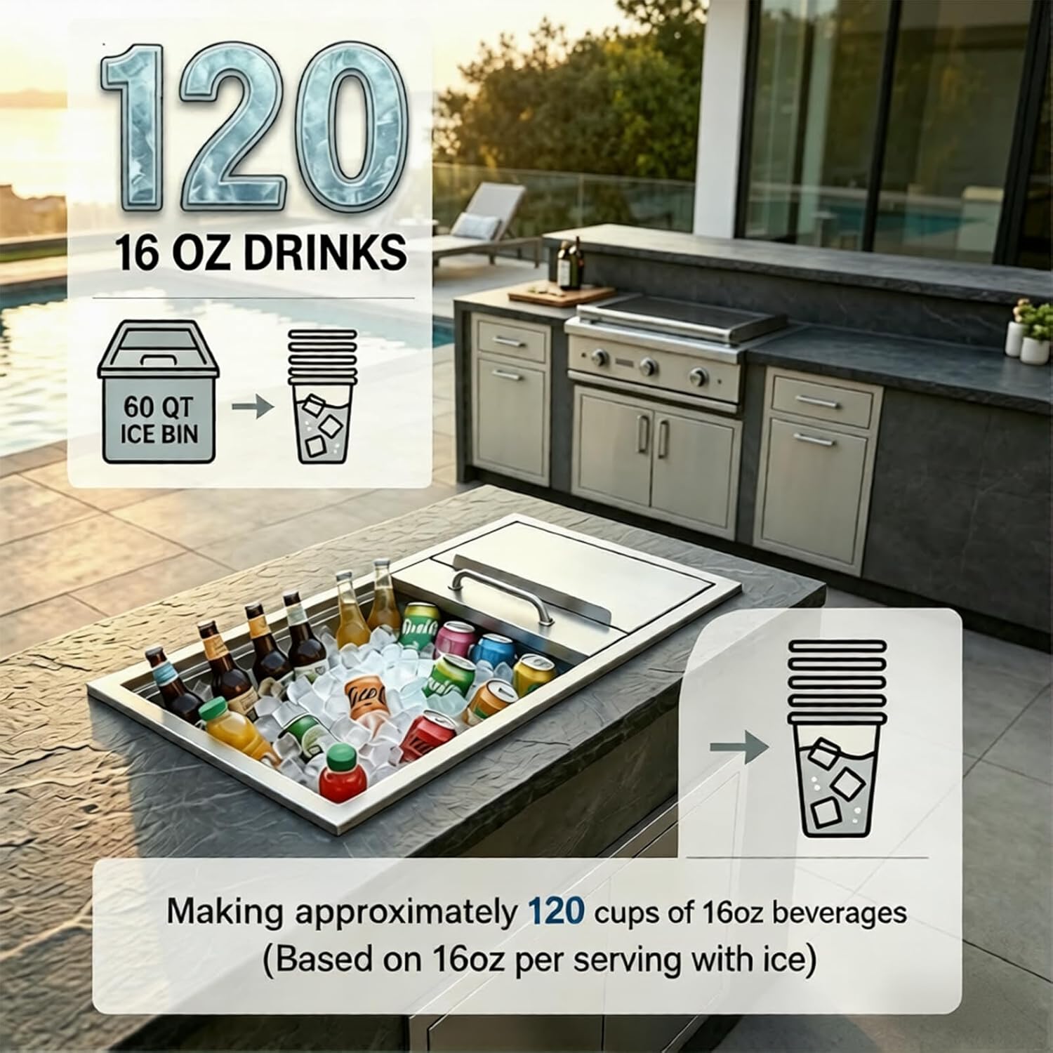 Drop in Ice Chest, 60 QT Commercial Ice Bin with Double Sliding Lids, Stainless Steel Built-in Ice Cooler with Drain for Patio Bar, Outdoor Kitchen, Cold Wine