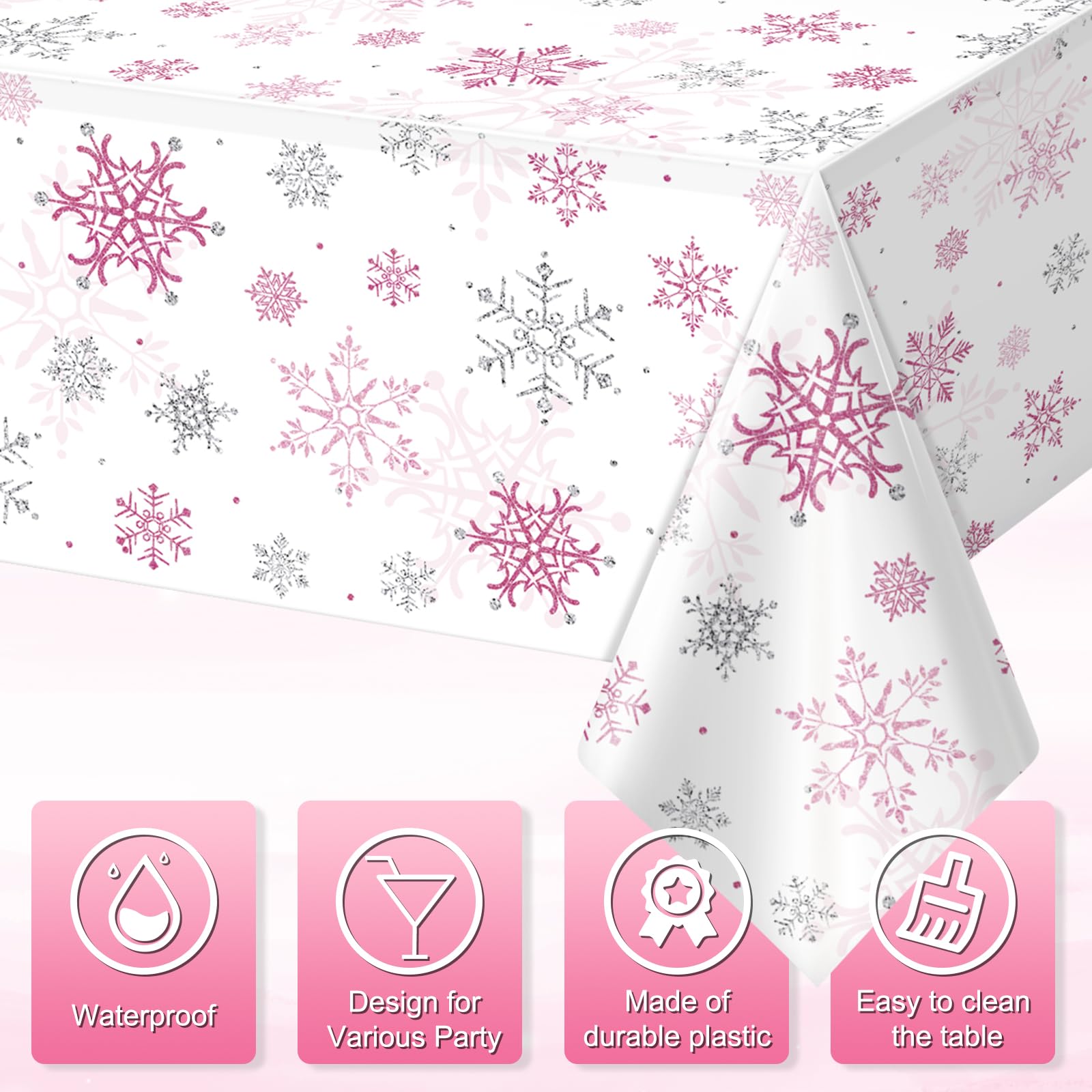 3 Pcs Pink Snowflake Christmas Tablecloths - 54x108 Inch Plastic Table Covers For Winter Party Decor