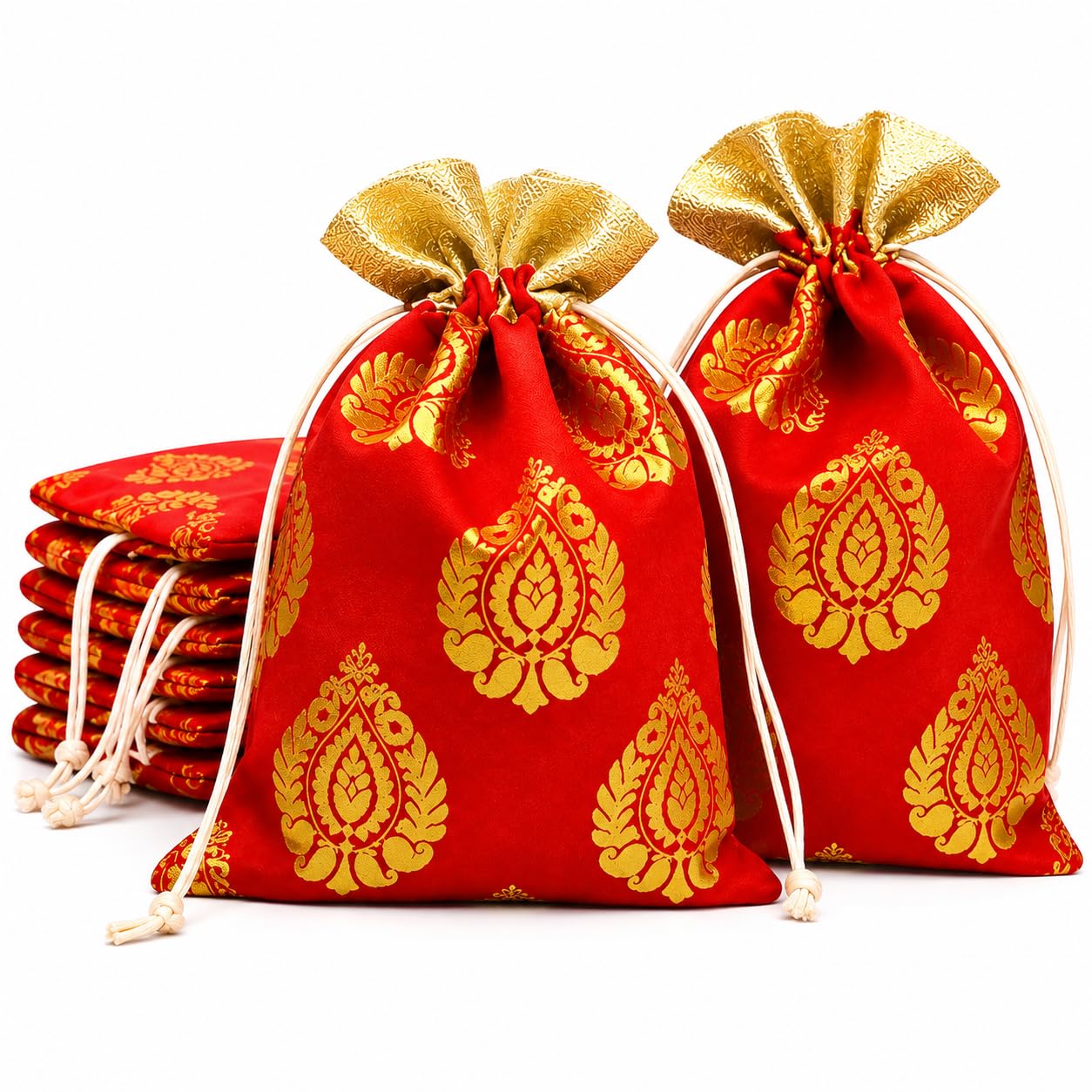 Foxtree 10Pcs Banarasi Silk Drawstring Potli Bags | 15x21Cm | Wedding Return Gift Bags, Indian Ethnic Favor Pouches for Jewelry, Dry Fruits, Shagun & Festive Packaging (Red, Pack Of 10)-image-20