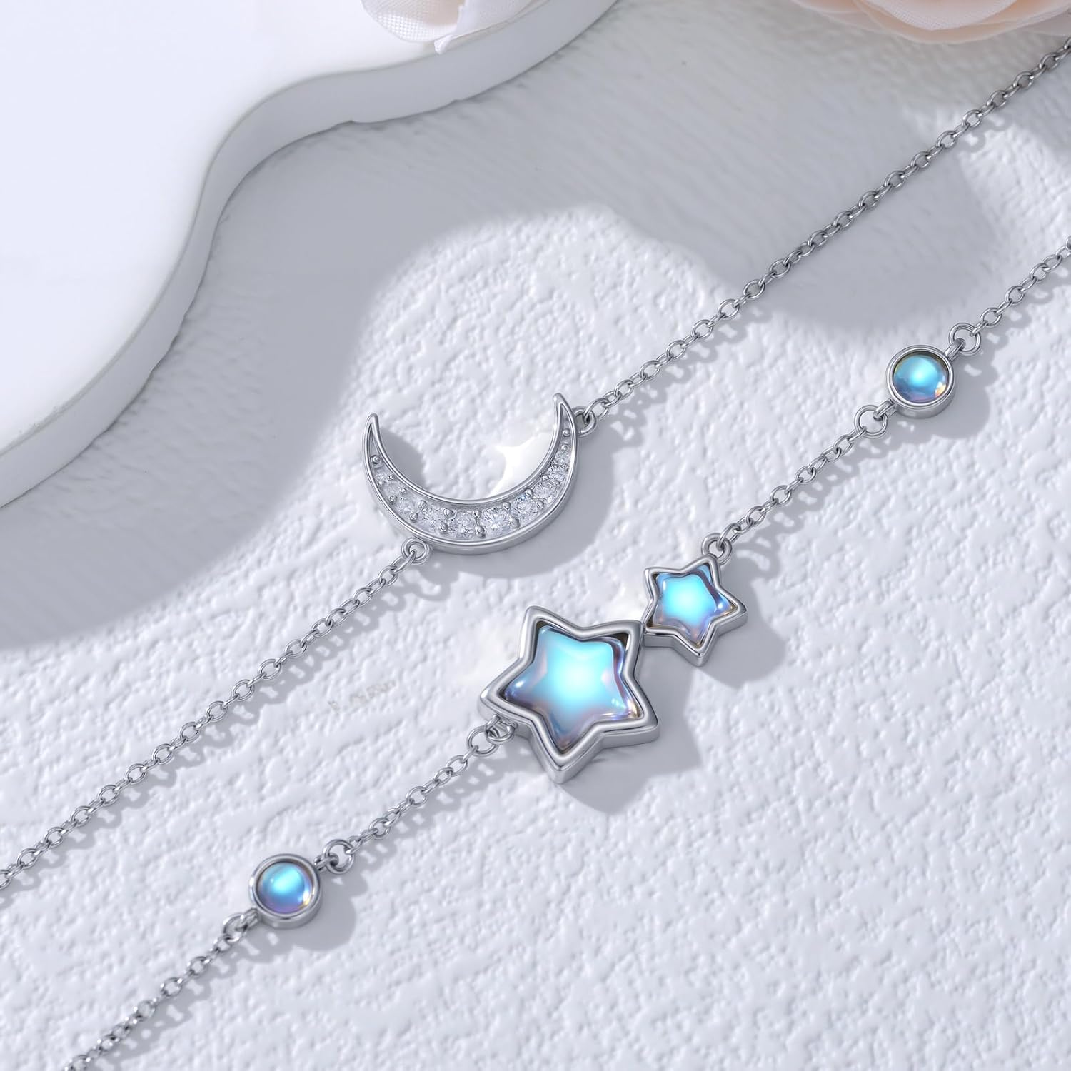 Moon Stars Bracelet Women Dainty Moonstone Bracelet 925 Sterling Silver Inspirational Jewelry Birthday Christmas for Women Wife Her Friend