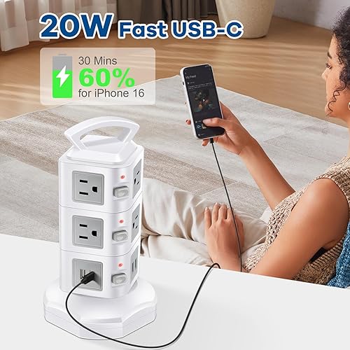 Miniatura 5 de Regleta de alimentación USB C de 10 tomas, protector de sobretensiones de 20 W, cable de extensión retráctil con 4 puertos USB, organizador de
