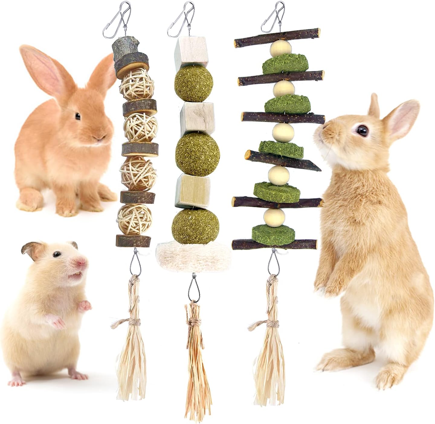 HIKATOP Bunny chew Toys for Small Pets Teeth, Rabbit Hamster Chew Toys for Dental Health, Natural Hanging Toss Treats for Guinea Pigs…