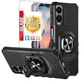 TJS Compatible for Cricket Icon 6 (SL219C) Case, AT&T Verge (SL219A) Case, with Tempered Glass Screen Protector, Metal Ring Magnetic Support Kickstand Heavy Duty Drop Protection Phone Case (Black)