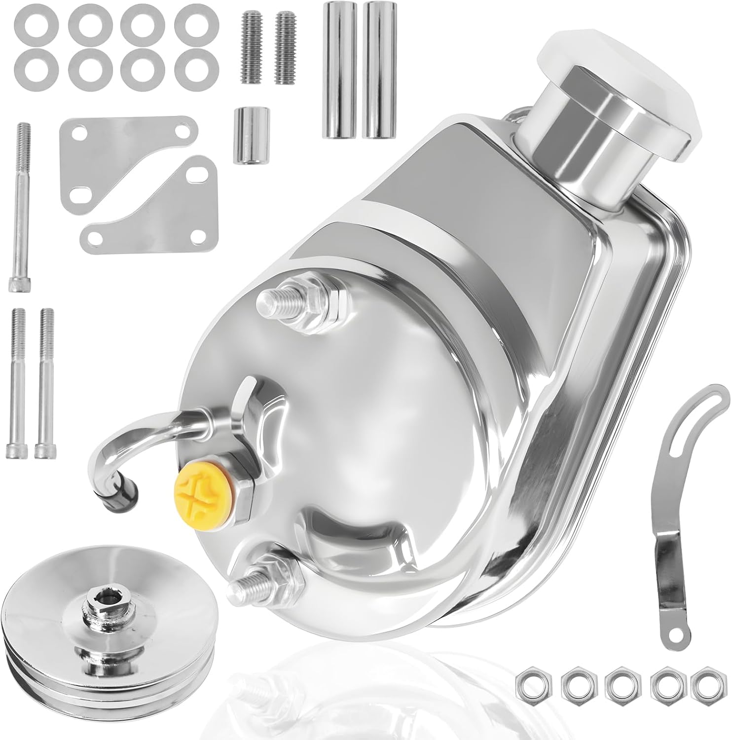 Power Steering Pump Saginaw Chrome Pump - Includes Pulley Double Groove V-belt 5-7/8" Key Way Shaft Bracket Kit Compatible with Chevy GM SBC 265-400 1966-1984 Replaces 4312C, 9609x