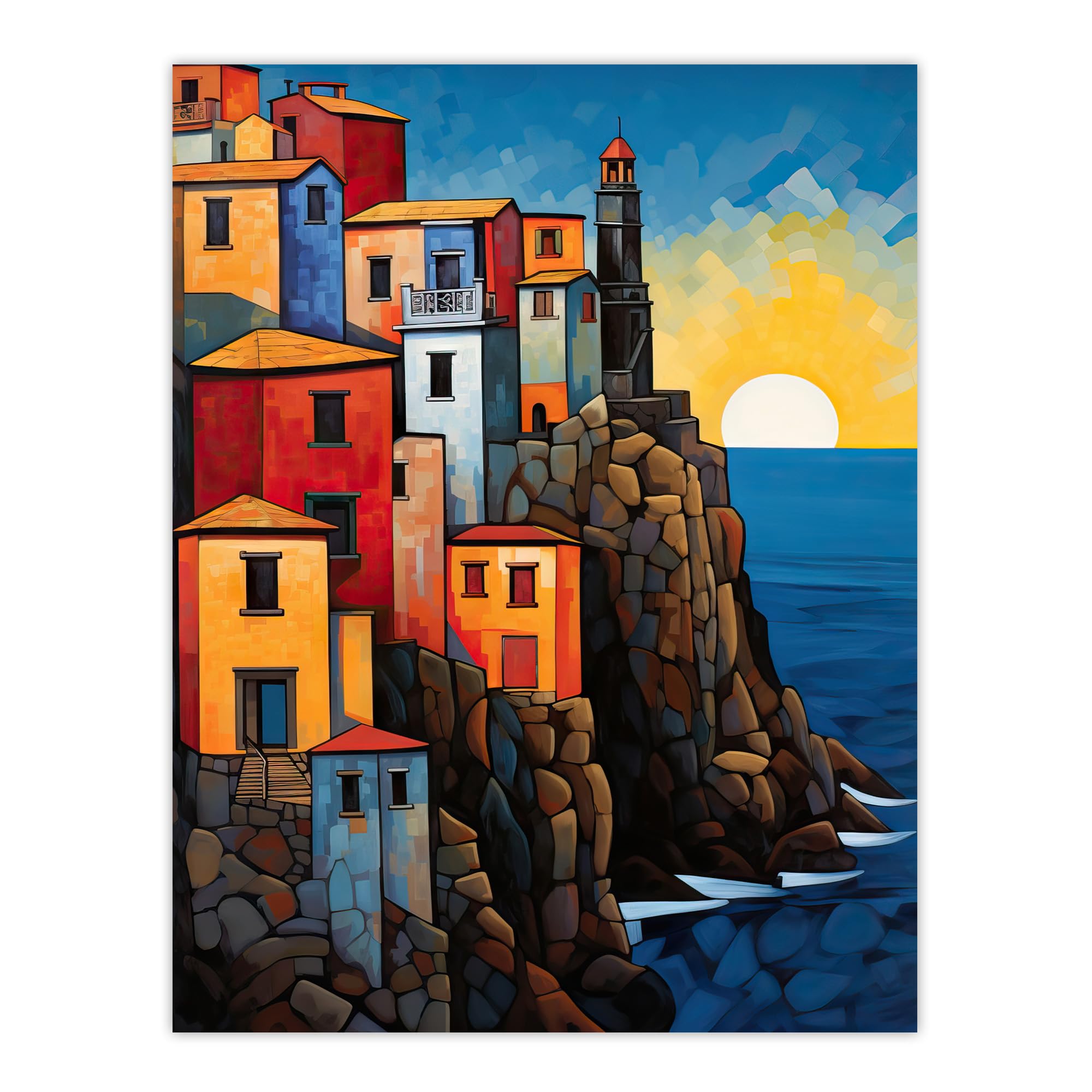 Artery8 Cinque Terre Coastal Sunrise Acrylic Painting Italy Fishing Villages Riomaggiore Manarola Corniglia Vernazza And Monterosso Large Wall Art Poster Print Thick Paper 18X24 Inch