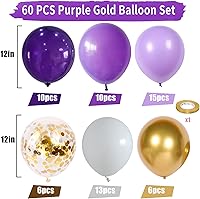 Vista 2 de Juego de 60 globos de color morado y blanco para cumpleaños de niñas, temática de princesa con confeti dorado, globos de látex de 12 pulgadas