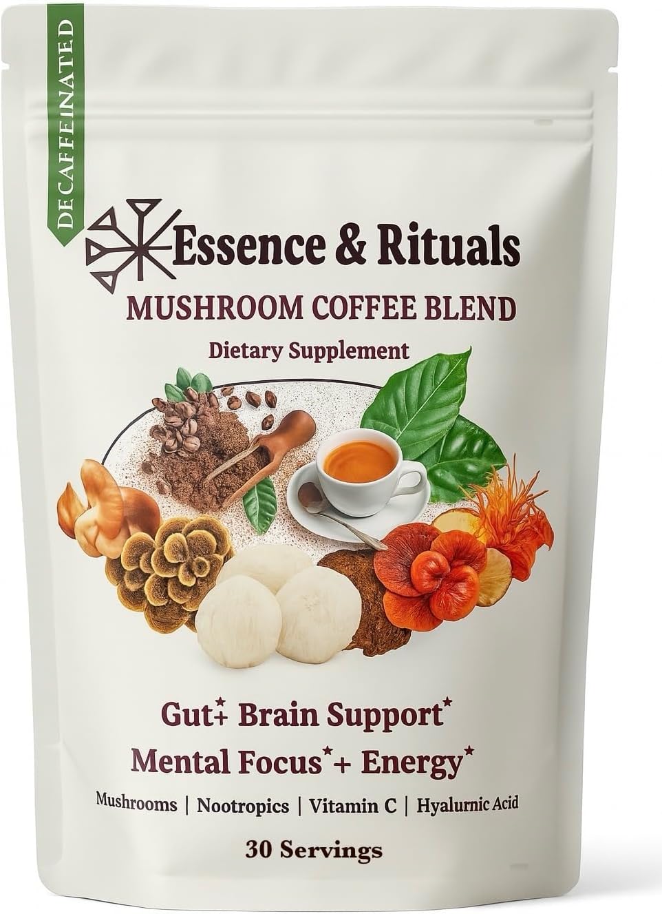 Essence & Rituals Organic Mushroom Coffee Instant Blend, 30 Servings | Lions Mane, Cordyceps, Reishi, Chaga, Shiitake & Turkey Tail | with Vitamin C + Hyaluronic Acid | Made in USA
