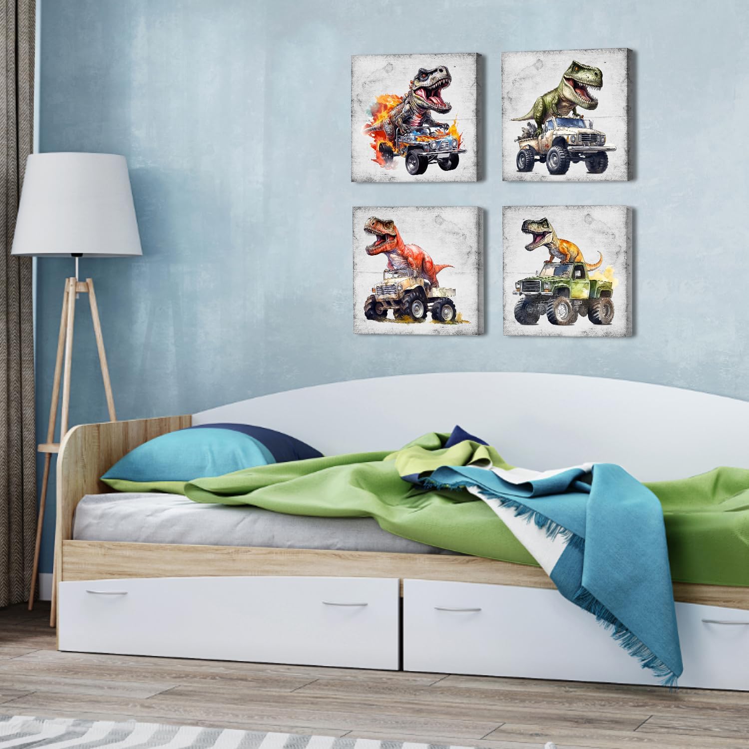 Cool Dinosaur Canvas Wall Art Dinosaur Car Posters Boys Bedroom Bathroom Vintage Monster Truck Pictures Wall Decor for Nursery Toddler Room Kids Playroom Paintings Artwork Home Decorations 20x20” 4Pcs