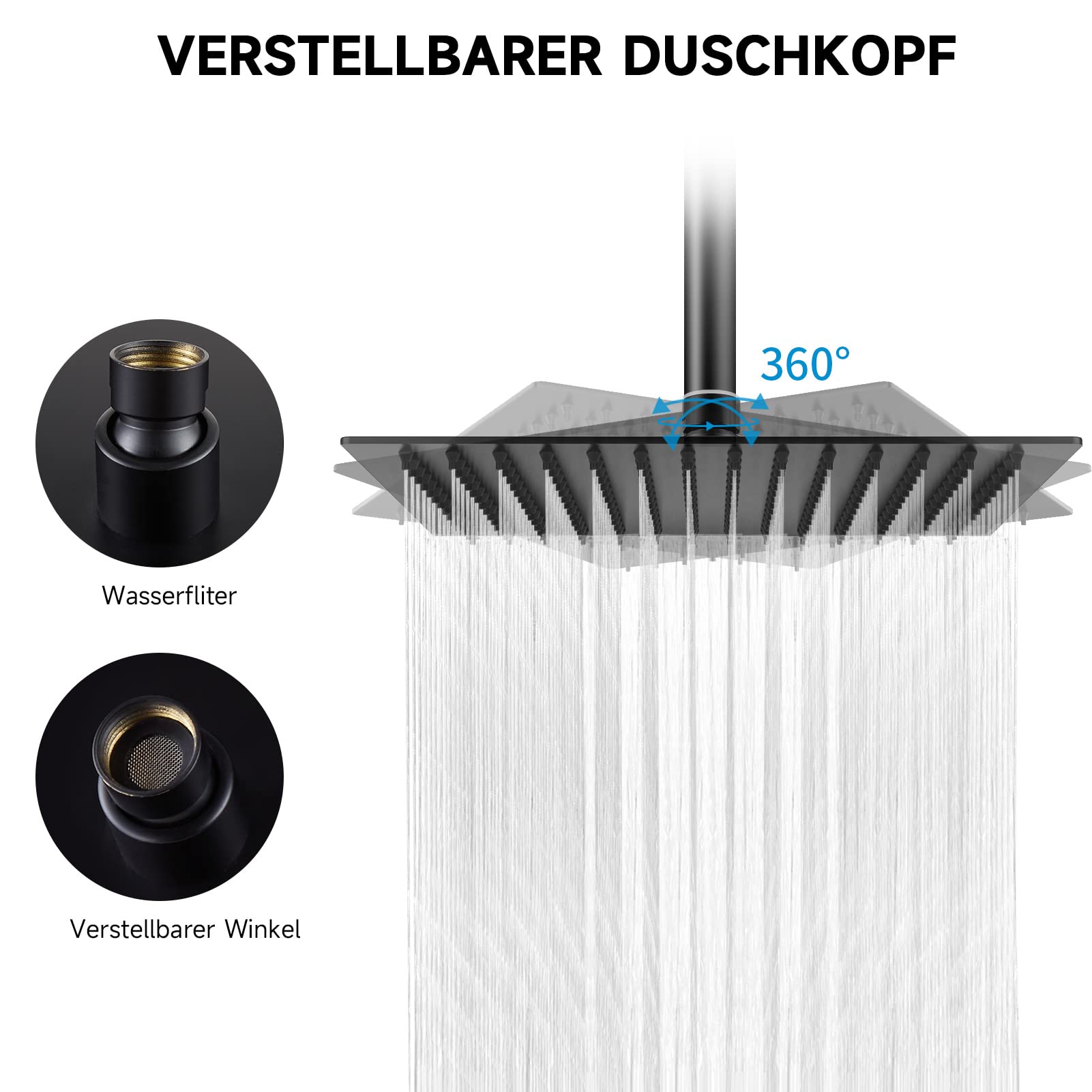HAUSPROFI Kopfbrause 12 Zoll aus Edelstahl 304 - Duschkopf Regendusche mit Selbstreinigenden Düsen - Quadratischer Duschkopf Luxus Regenbrause Regenduschkopf - Mattschwarz (30CM)