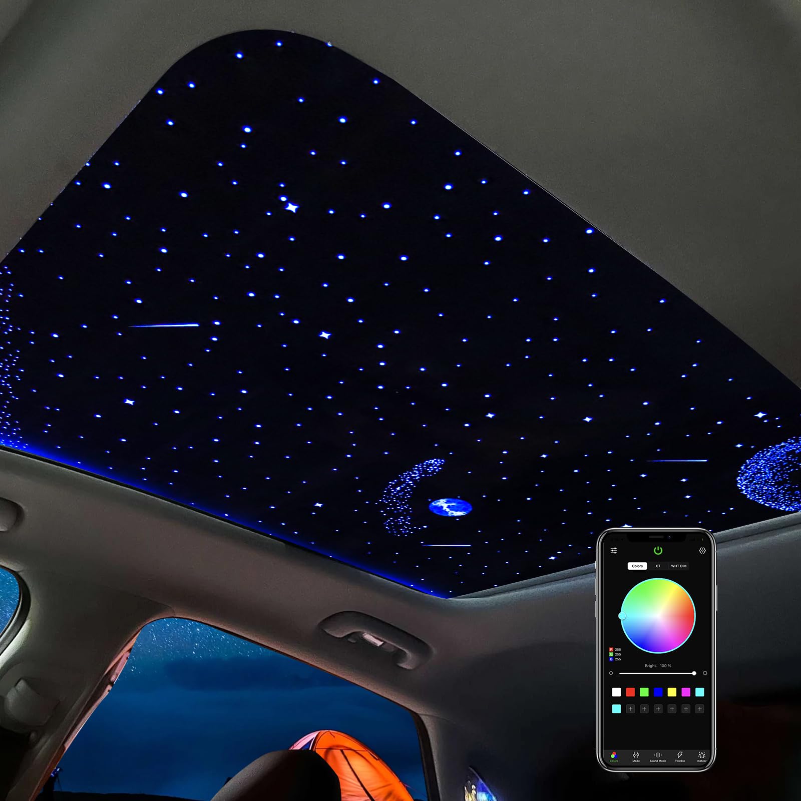 Nightlight Sky Sunroof Film, 62.99''x39.37'' Car Roof Window Film with RGB LED Light Strips,Tesla Interior Car Light, APP Control, 3D Meteor Starlight Headliner Kit for Car Panoramic Roof Decoration