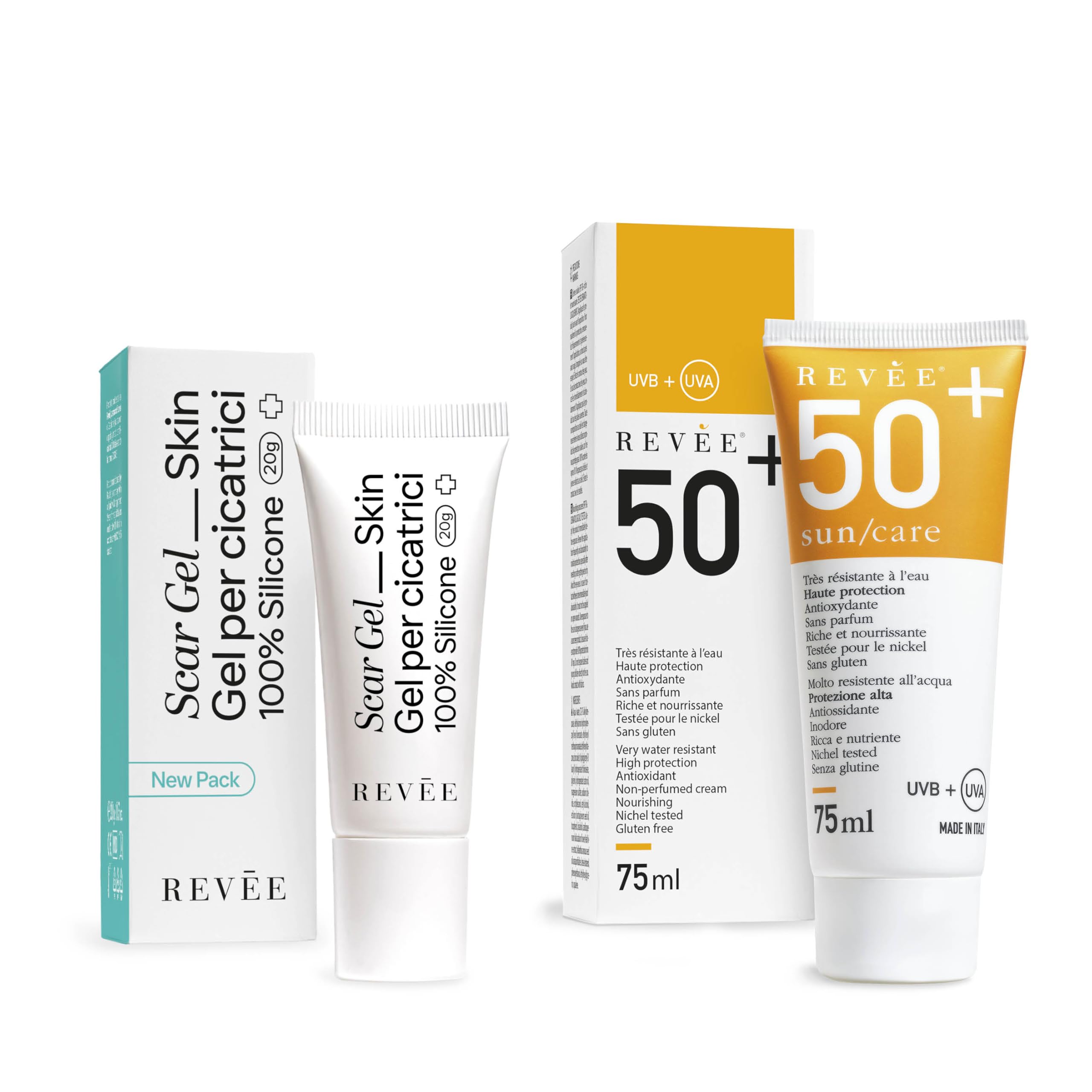REVÉE Scar Gel Crema Cicatrici Chirurgiche 20gr Sun Care Crema Solare 50+ 75ml, Uso Combinato, Trattamento Completo Cura Cicatrici, Viso e Corpo, Nickel Tested, No Parabeni, Made in Italy