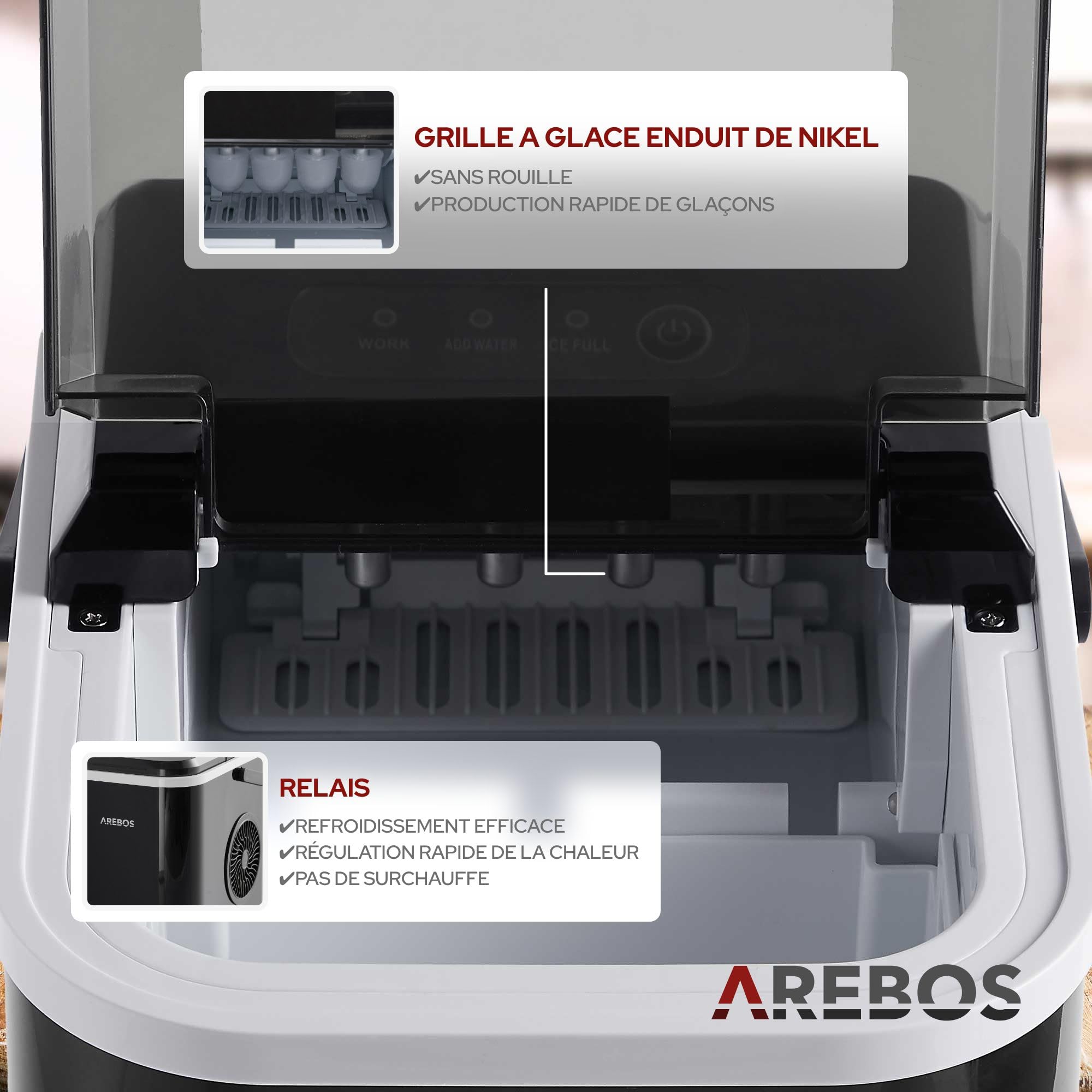 Arebos Machine à glaçons | Ice Cube Maker | 12 kg / 24 h | 10-15 minutes de production | Réservoir d'eau de 1,1 litre | Machine à glaçons | Silencieuse | Fonction autonettoyante | Noir