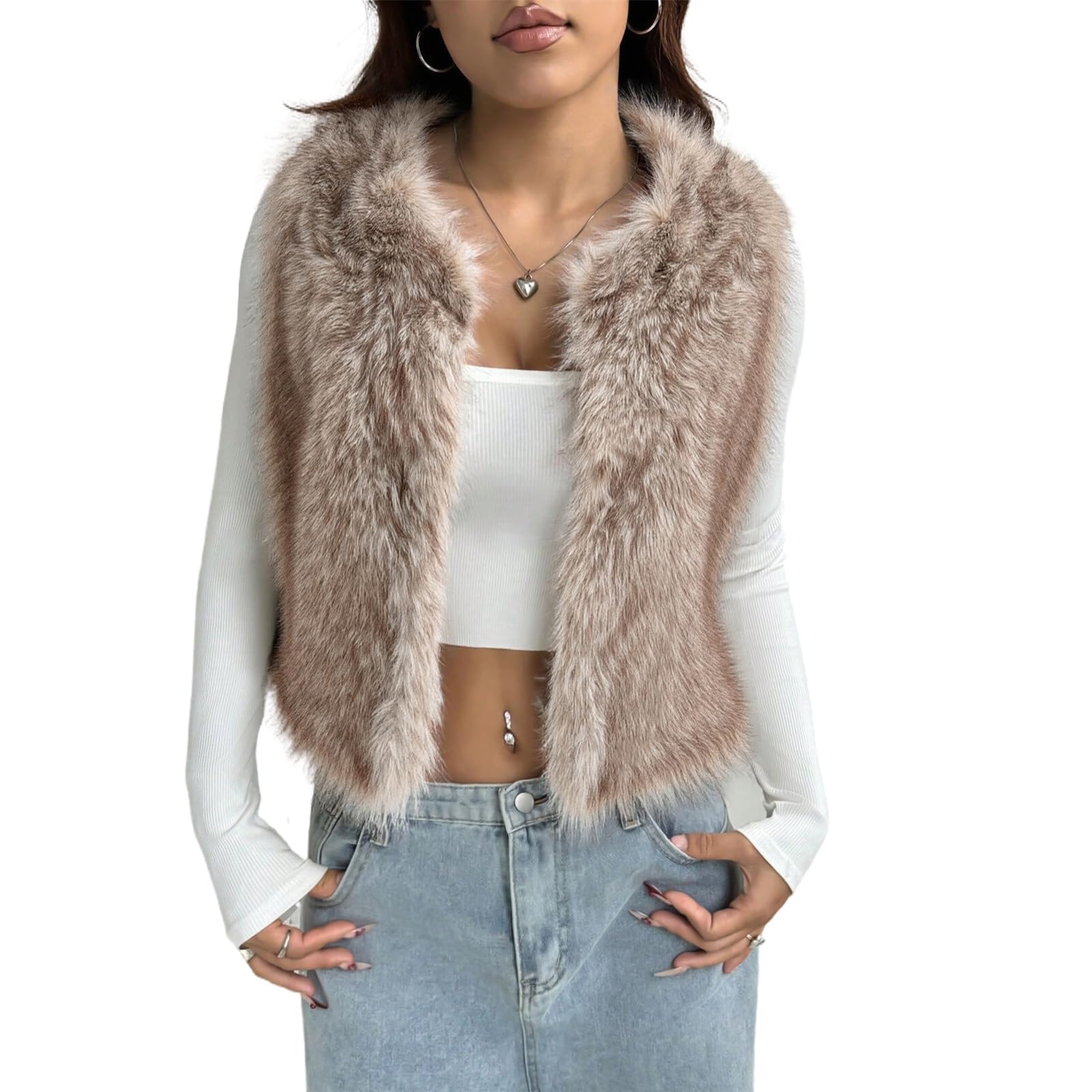 asandy Women's Autumn Winter Sleeveless Faux Fur Open Front Cardigan Vest Coat Soft Waistcoat Jacket Outwear-picture-15