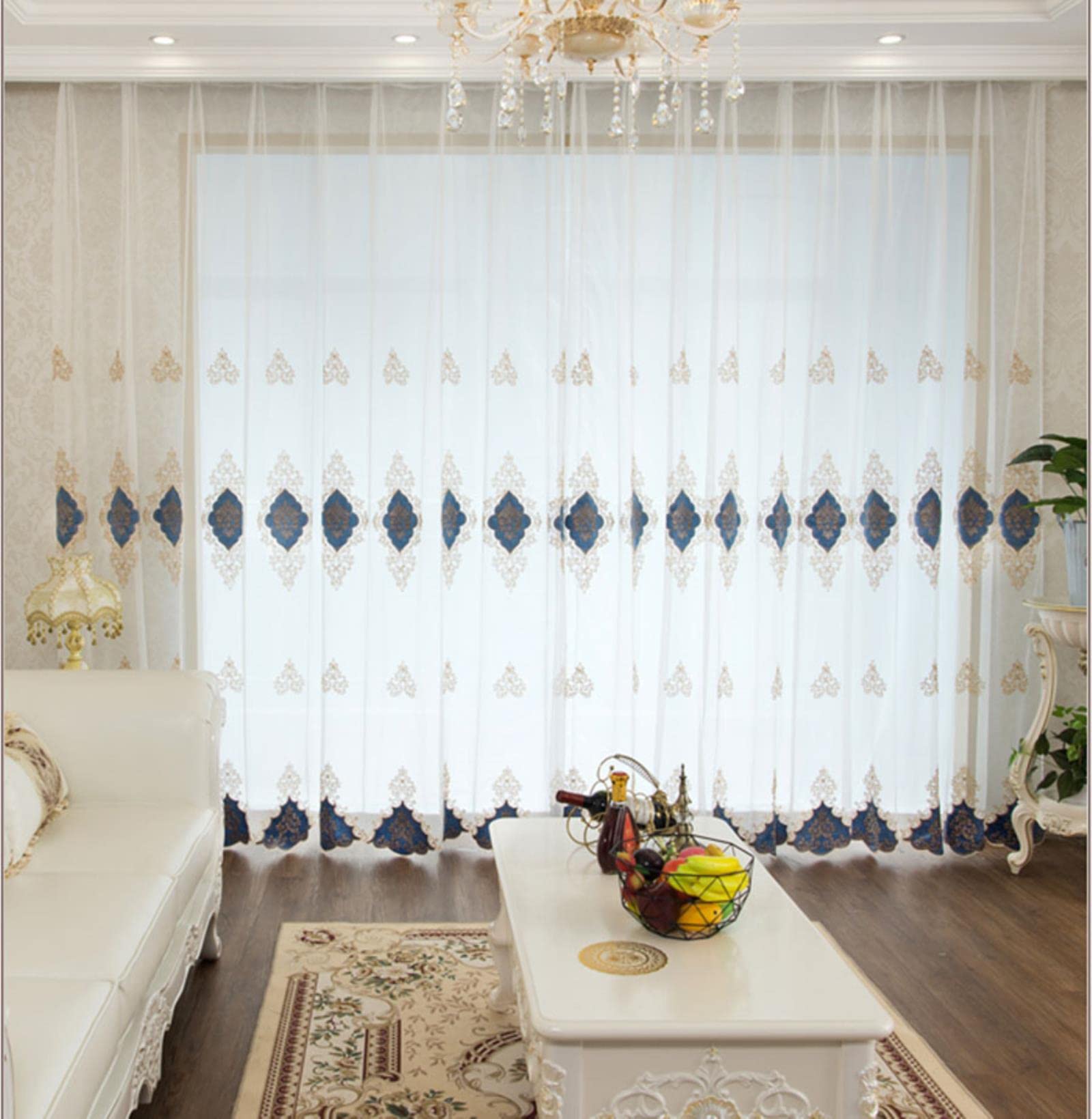 Style européen Bleu brodé fenêtre écran Tulle pour Chambre Luxe café drapé Voile Rideaux pour Salon