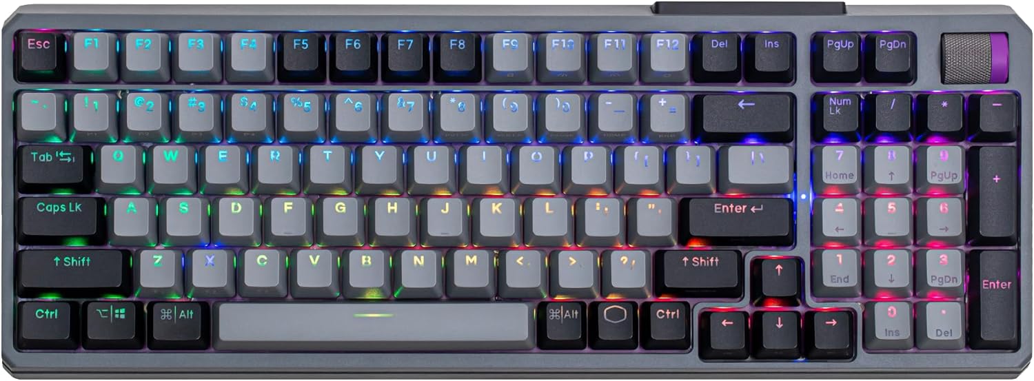 Shora dolů view of the Cooler Master MK770 keyboard with vibrant RGB lighting on all keys.