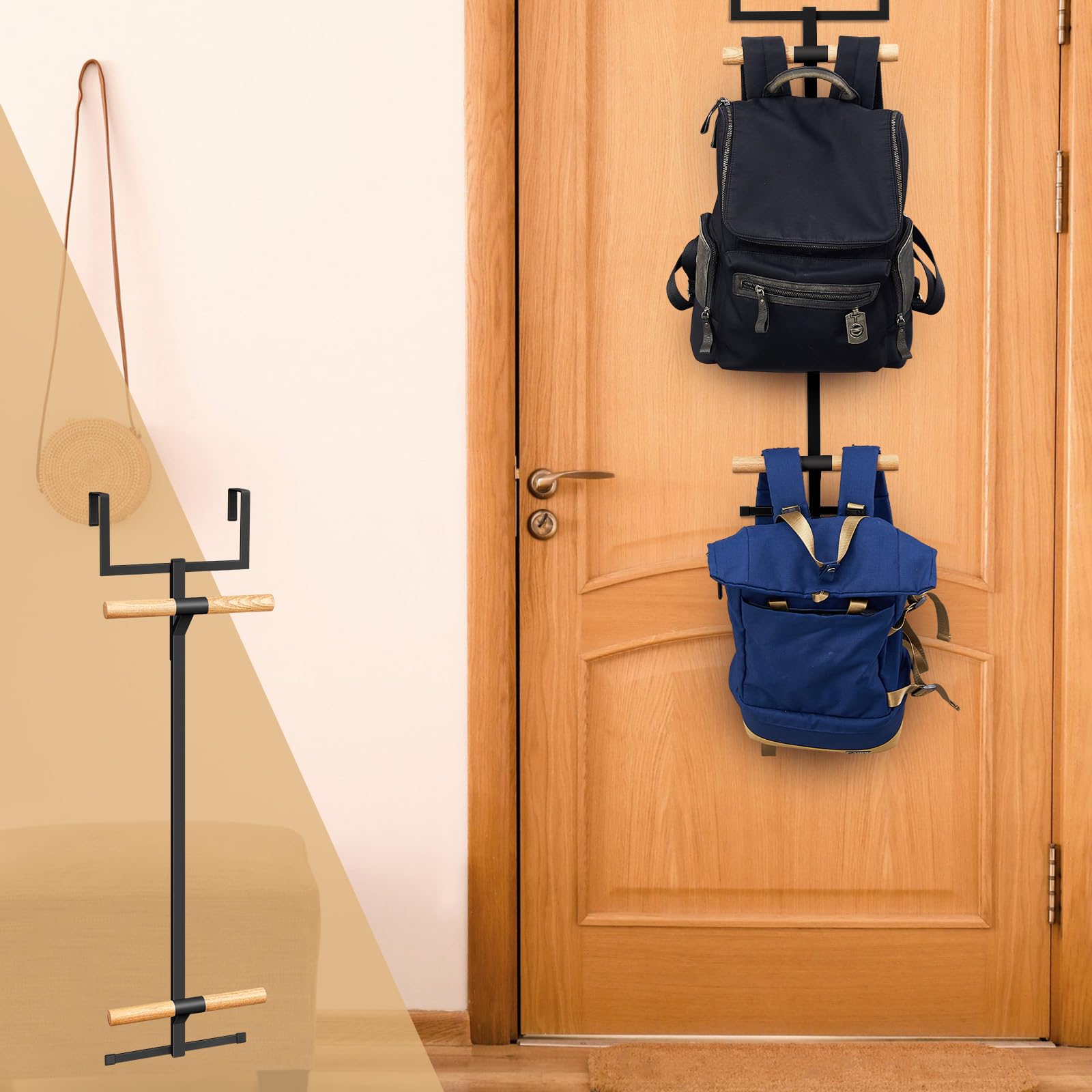 Briwooody Colgador de mochila sobre la puerta para armario o dormitorio, mochila escolar de dos niveles, estante de almacenamiento de metal, colgador de mochila sobre la puerta, gancho de fácil