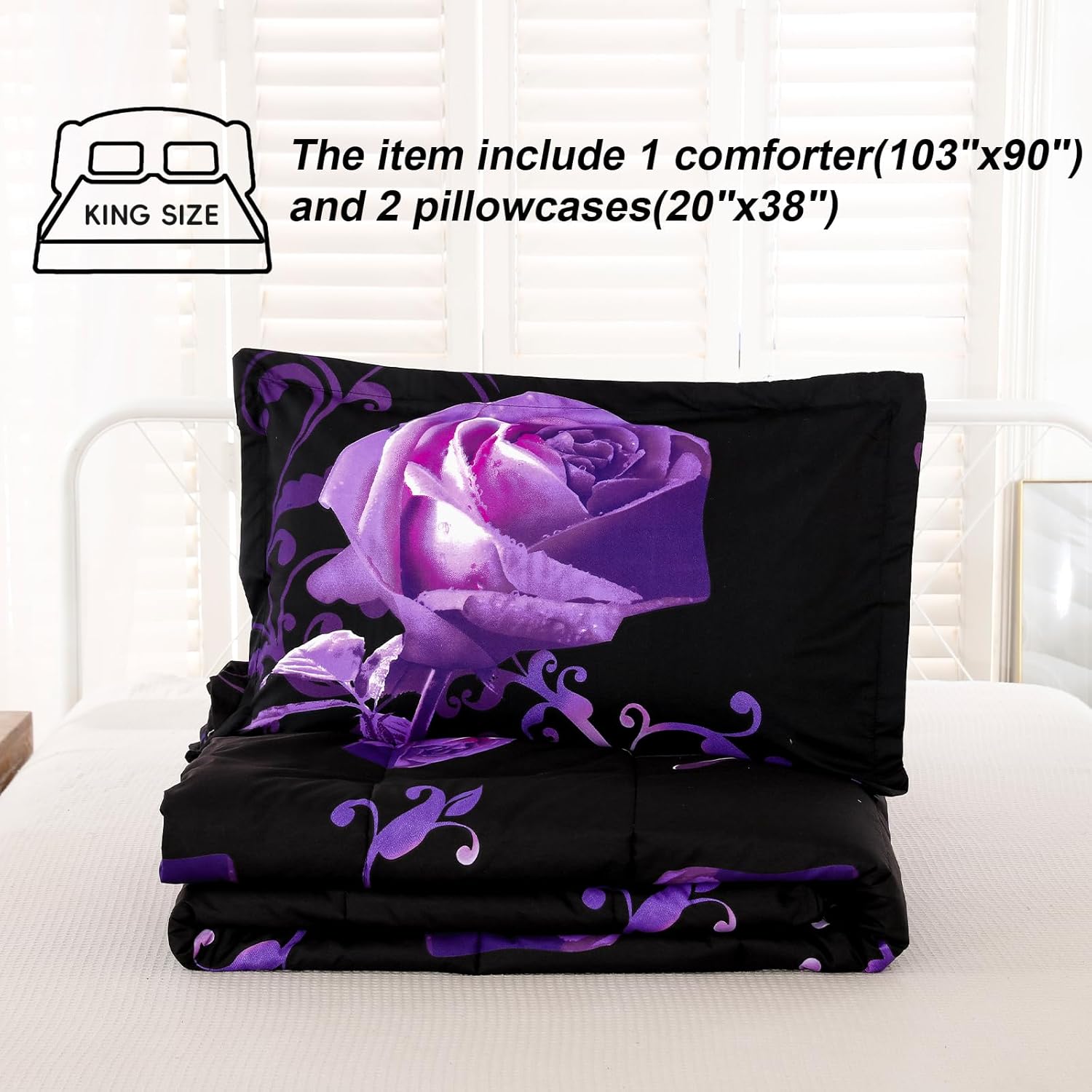WONGS BEDDING Purple Comforter Set King, Reversible Purple Rose Pattern Bedding Comforter with 2 Pillowcases for All Seasons, Soft Microfiber Filling Bedding 103"x90"