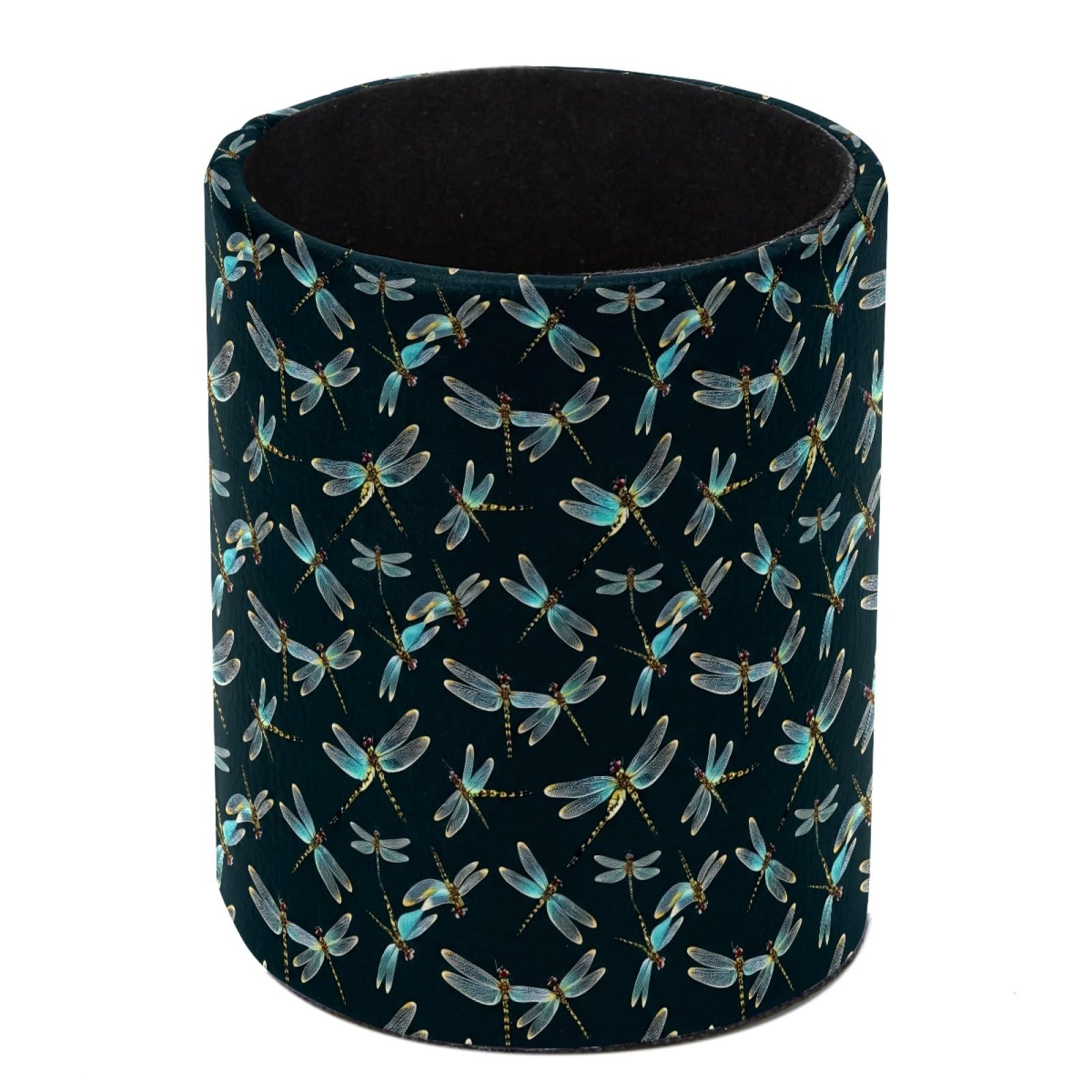 HEOEH Dragonflies Pattern Pen Holder for Desk, PU Leather Pencil Holder Pen Cup Marker Holder Makeup Brush Holders, Desk Accessories & Workspace Organizers for Home, Office
