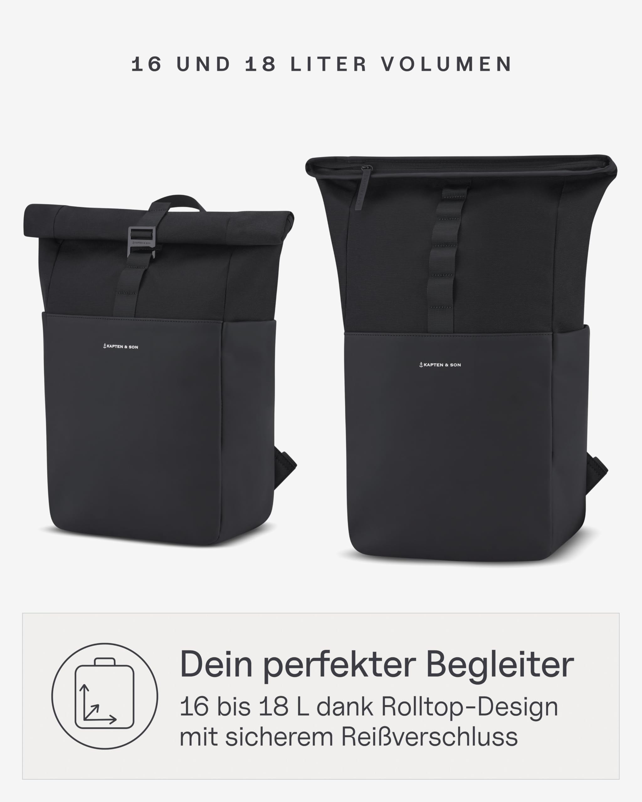 Kapten & Son Rucksack Lund Basic 14-16,5 L | Rolltop Damen & Herren | Handgepäck Rucksack mit 14'' Laptopfach | Vegan & Wasserabweisend