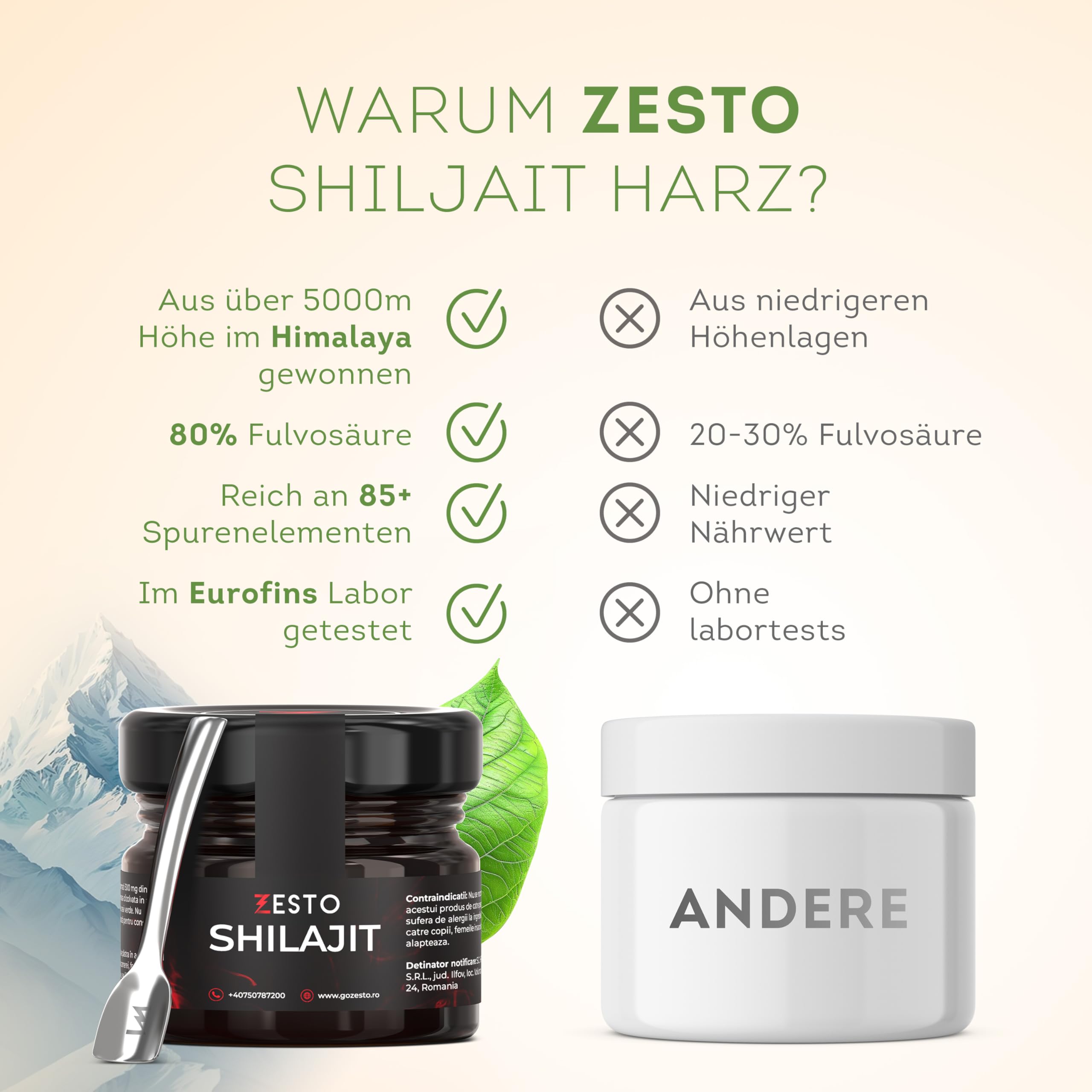 ZESTO Shilajit - Filajit originale e puro dell'Himalaya - Massima efficacia con l'80% di acido fulvico - Senza additivi - Vegano e testato - 85+ oligoelementi - 40 porzioni