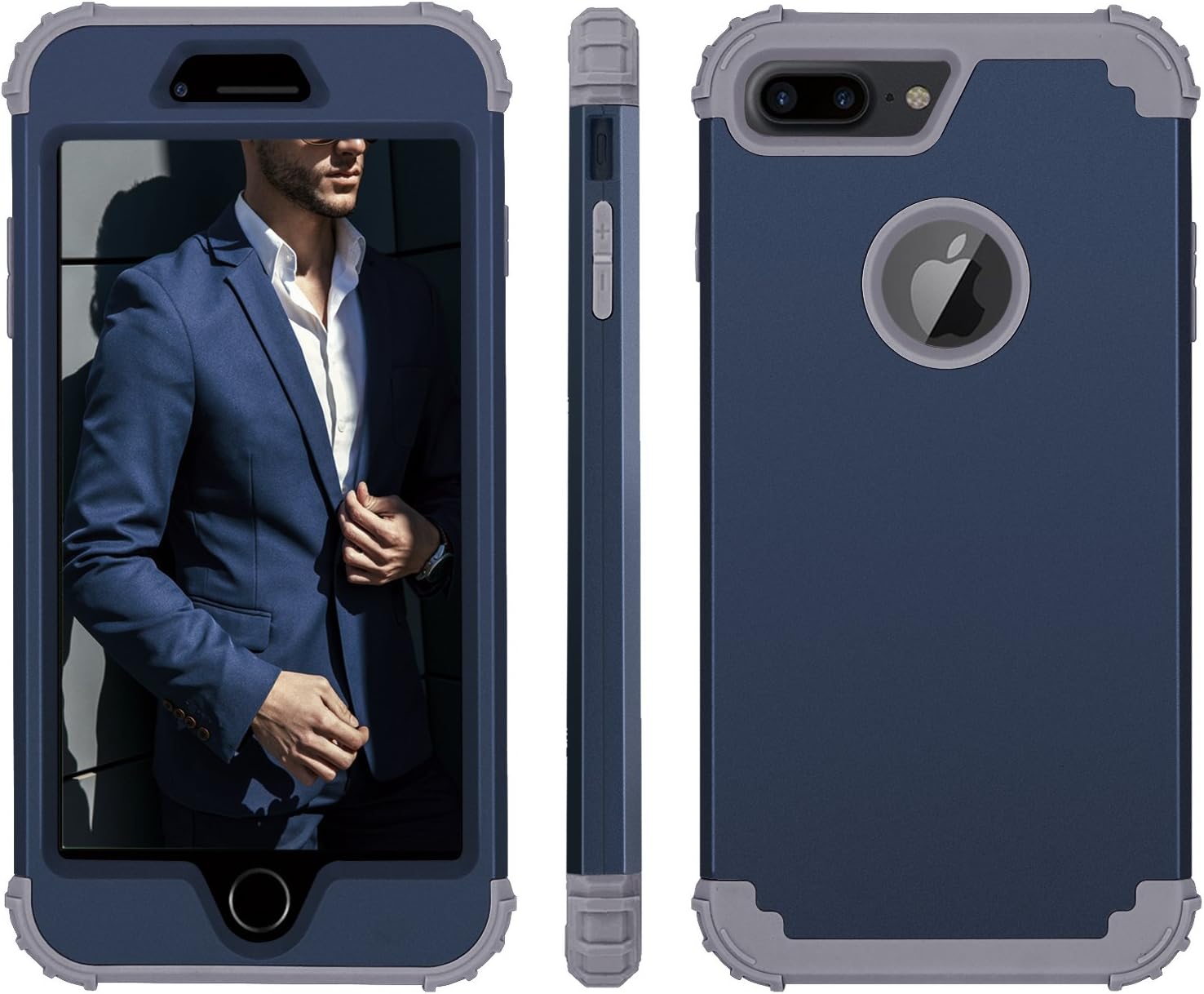 iPhone 7 Plus Case,iPhone 8 Plus Case, Fingic Full-Body Cover 3 in 1 Hybrid Hard PC & Soft Silicone Heavy Duty Rugged Bumper Shockproof Protective Phone Case for iPhone 7/8 Plus,Navy Blue+Gray